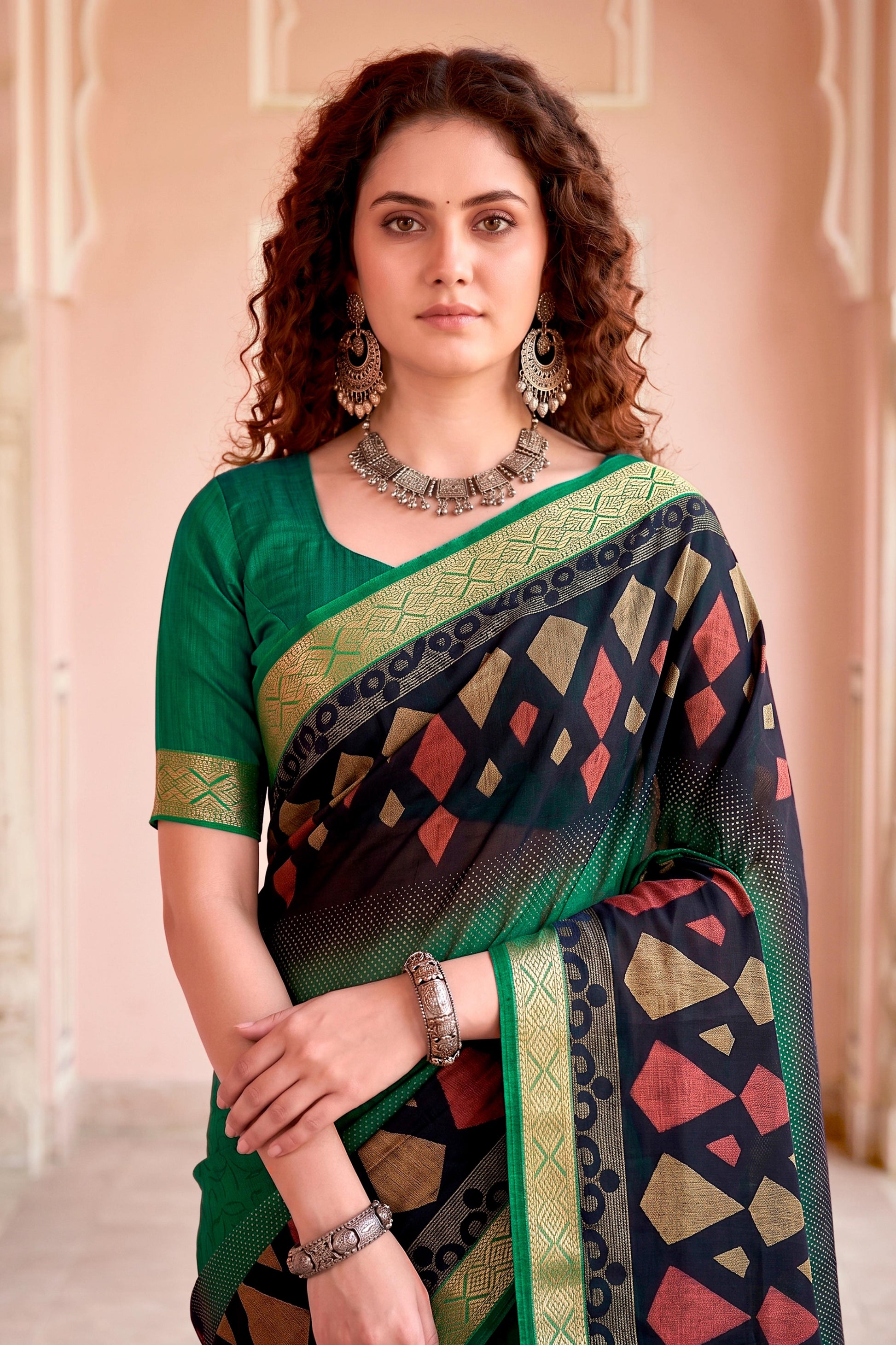Sangam Prints Bottle Green Cotton Blend Woven Work Traditional Saree
