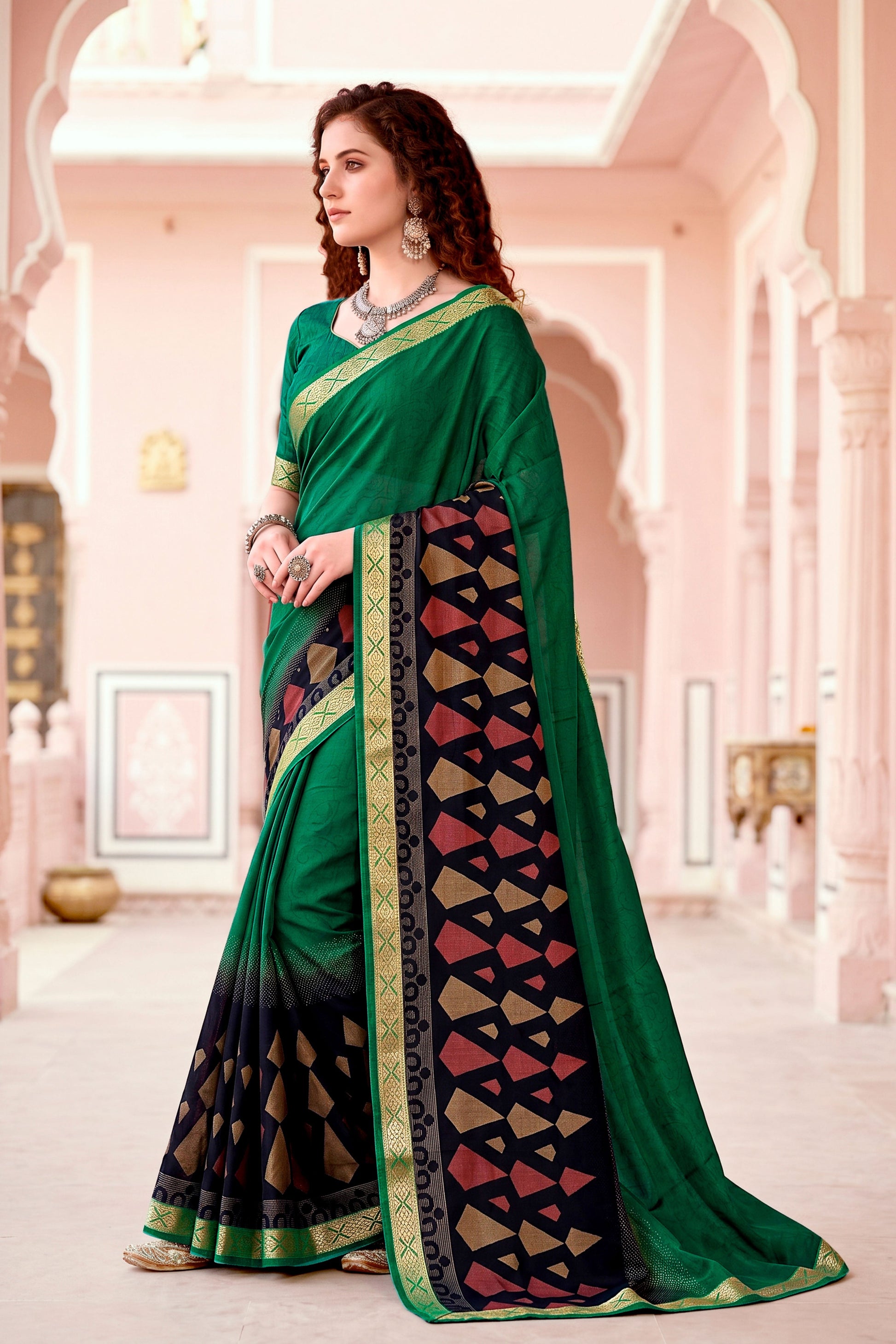 Sangam Prints Bottle Green Cotton Blend Woven Work Traditional Saree