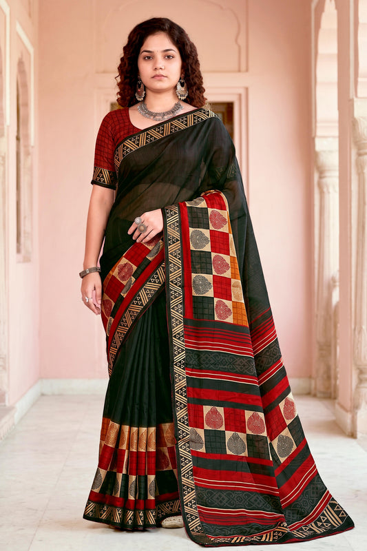 Sangam Prints Dark Green Cotton Blend Woven Work Traditional Saree