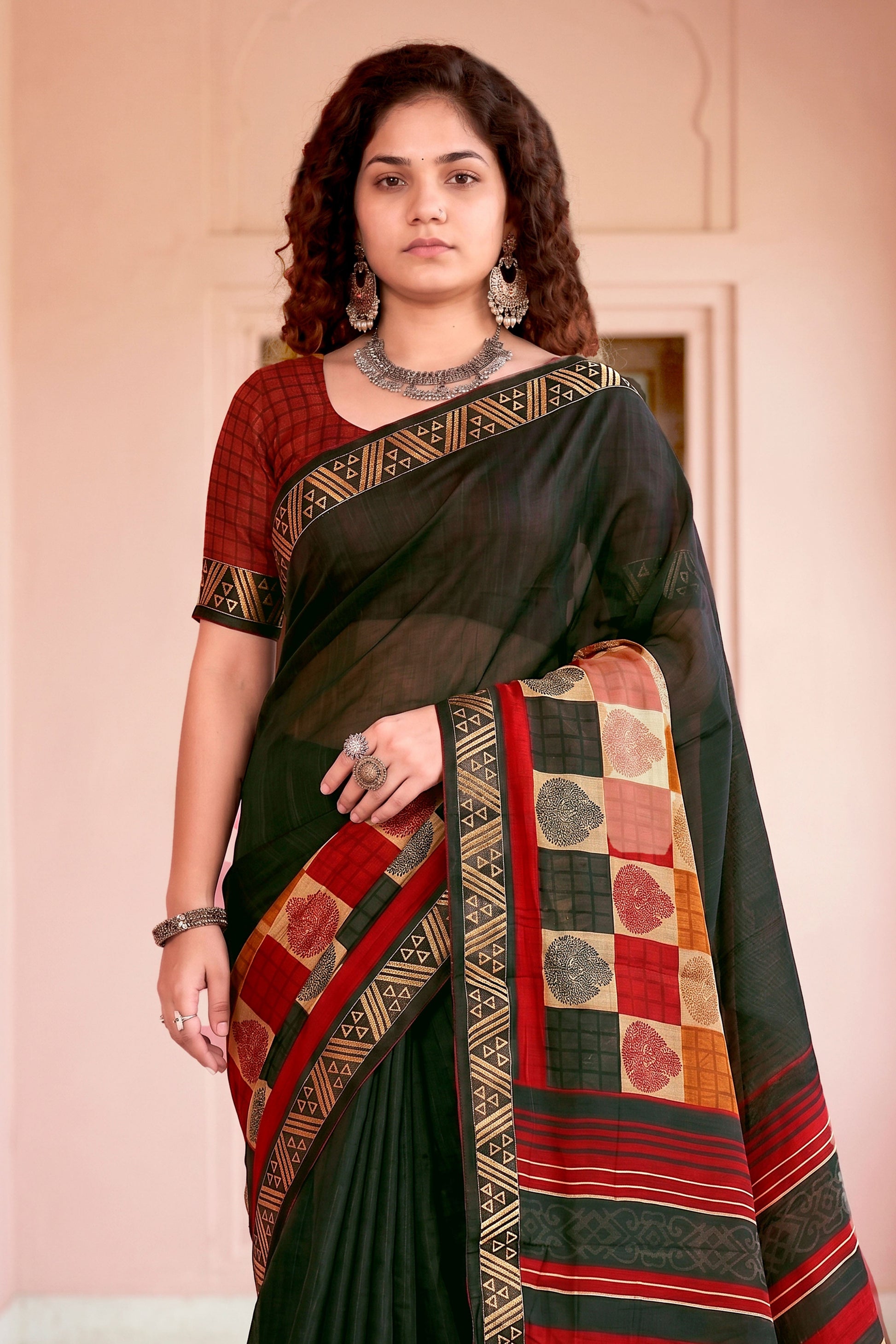 Sangam Prints Dark Green Cotton Blend Woven Work Traditional Saree