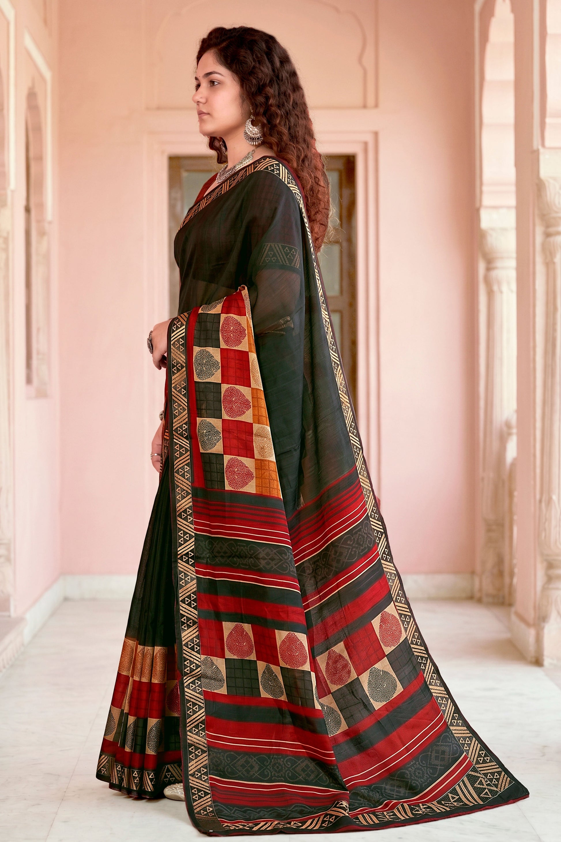 Sangam Prints Dark Green Cotton Blend Woven Work Traditional Saree