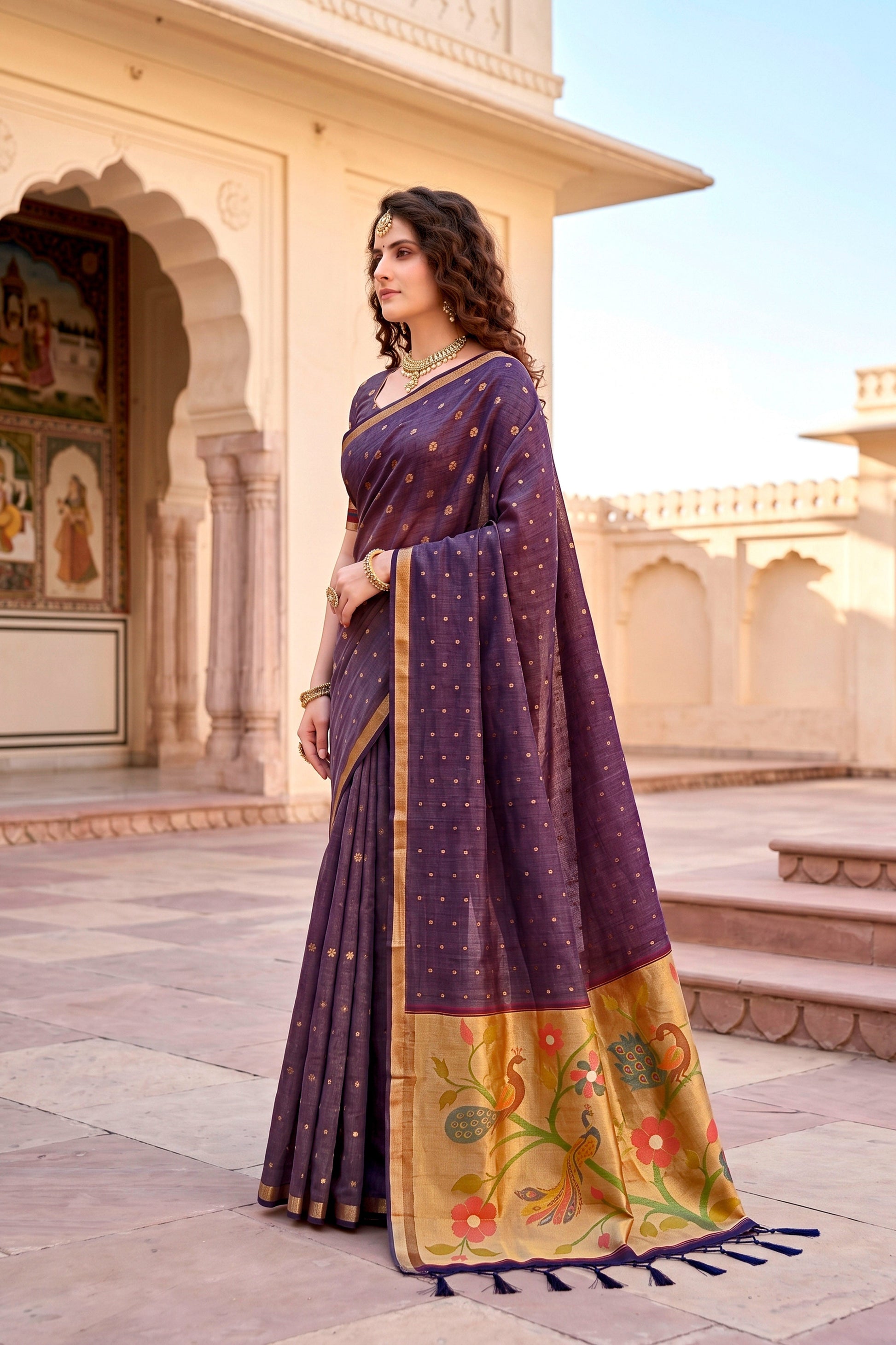 Sangam Prints Violet Cotton Blend Woven Work Traditional Saree