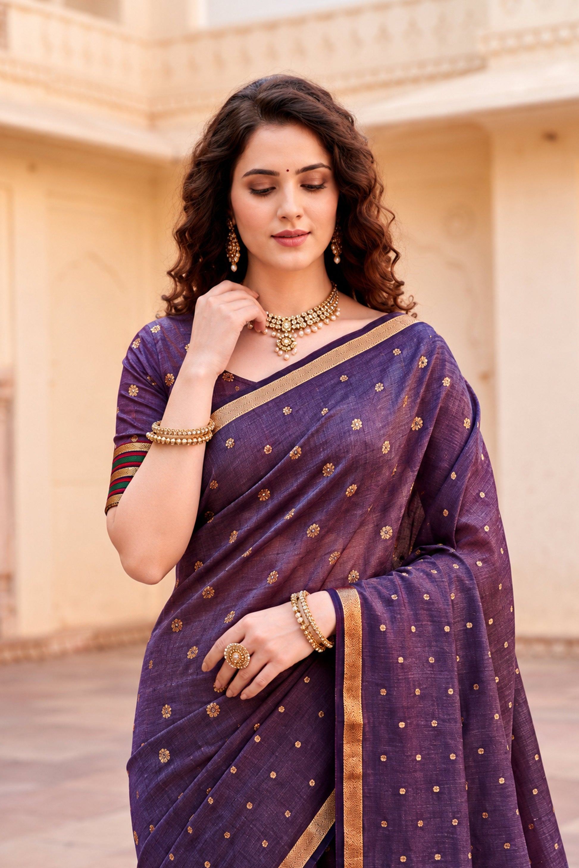 Sangam Prints Violet Cotton Blend Woven Work Traditional Saree
