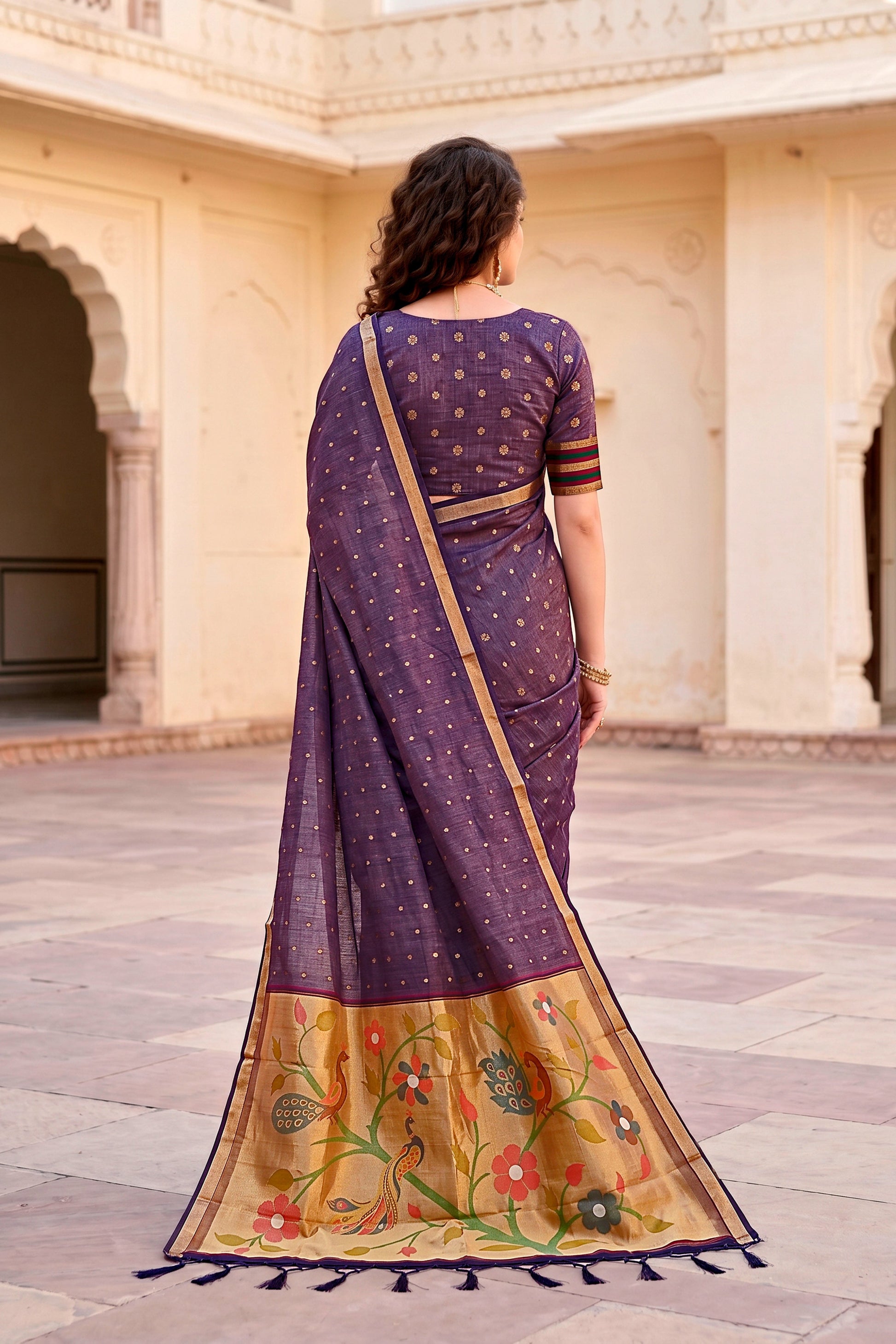 Sangam Prints Violet Cotton Blend Woven Work Traditional Saree