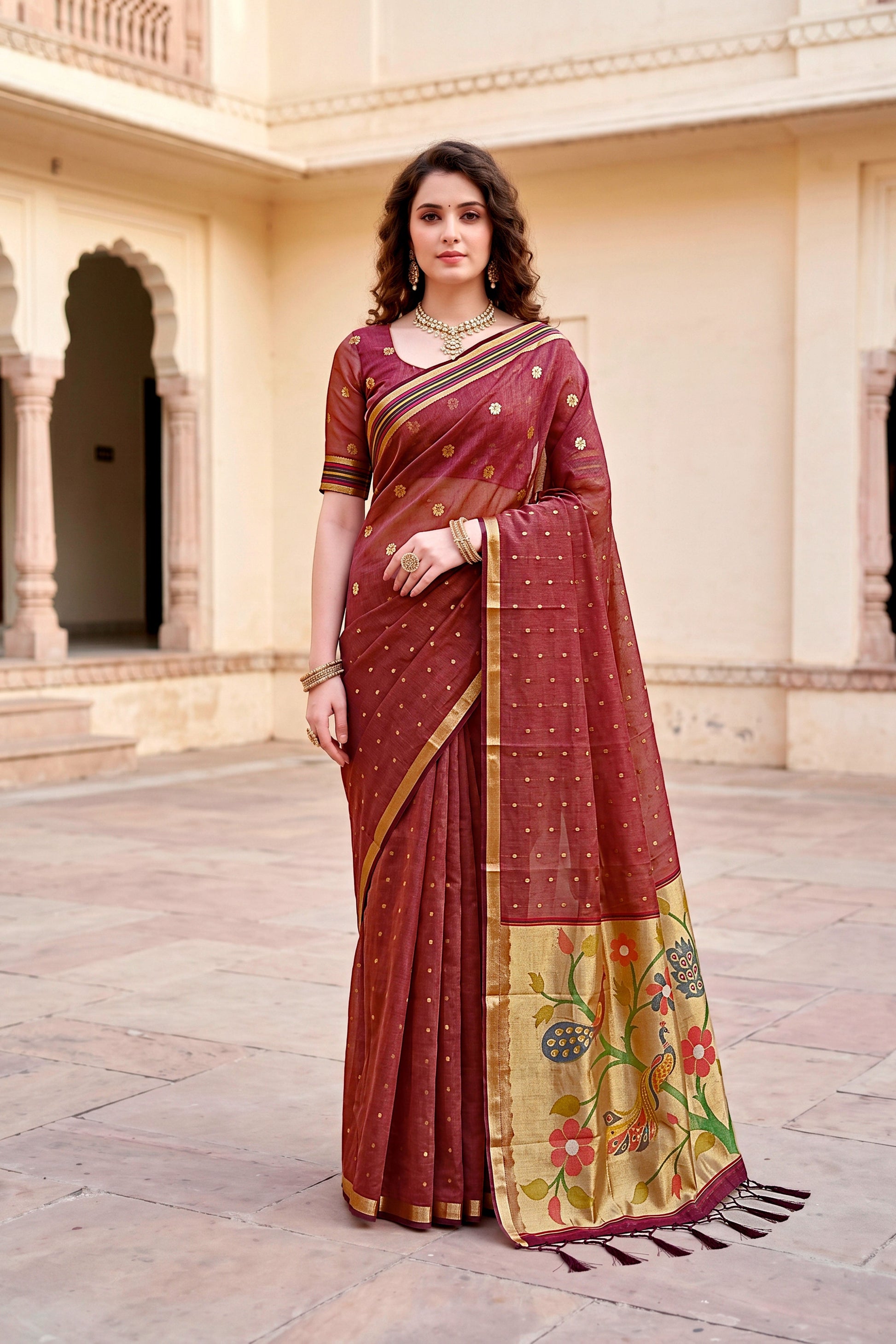 Sangam Prints Maroon Cotton Blend Woven Work Traditional Saree