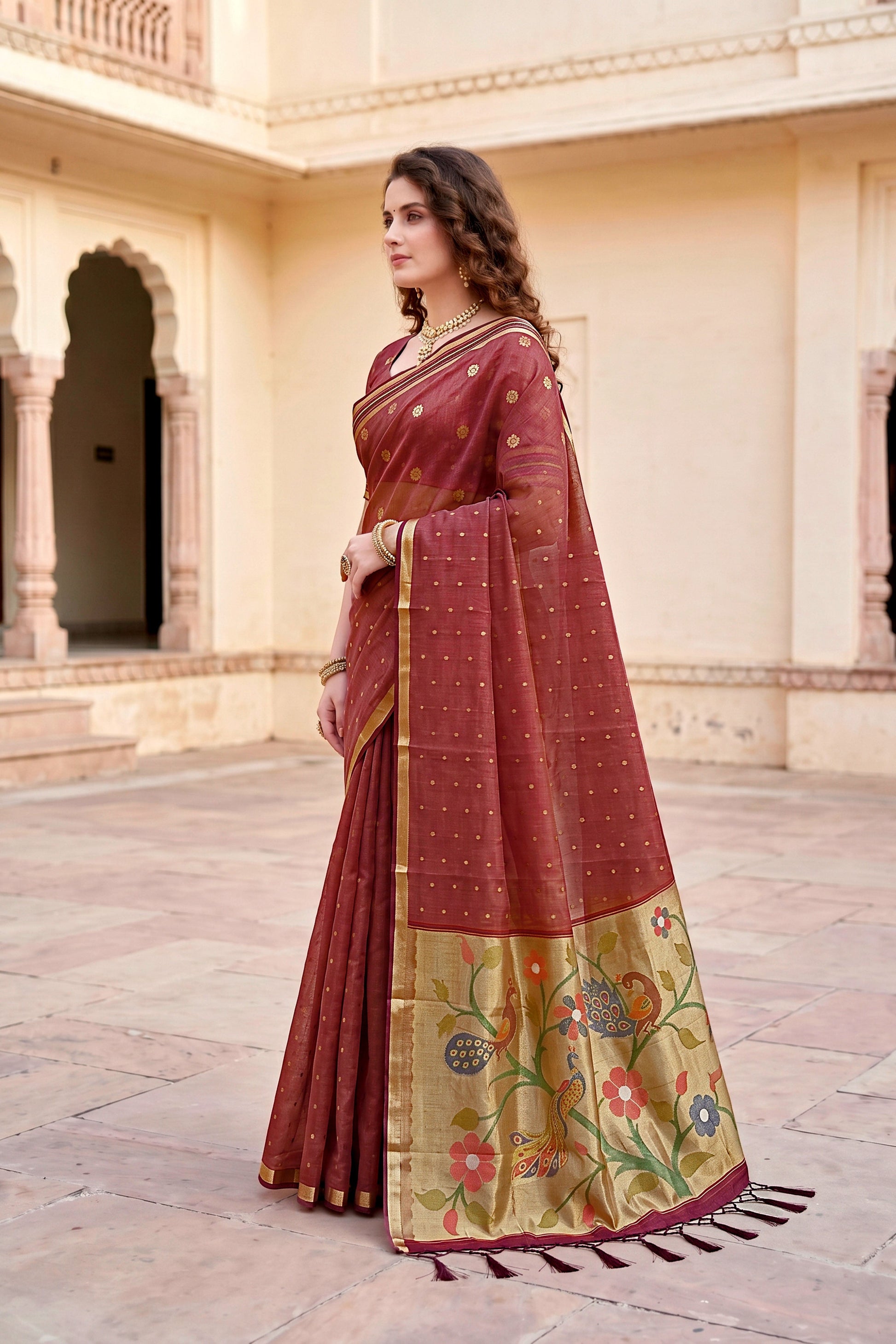 Sangam Prints Maroon Cotton Blend Woven Work Traditional Saree