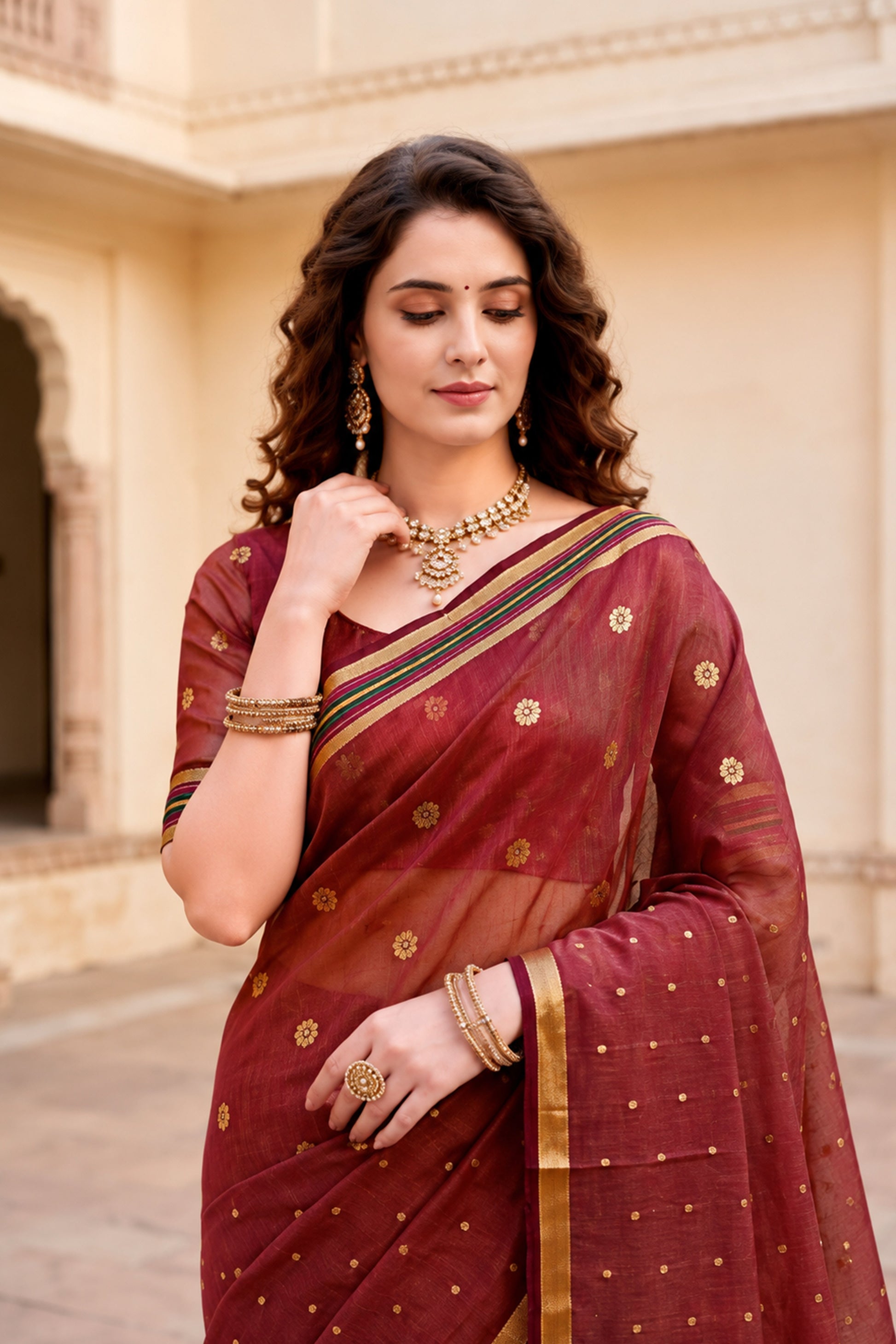 Sangam Prints Maroon Cotton Blend Woven Work Traditional Saree