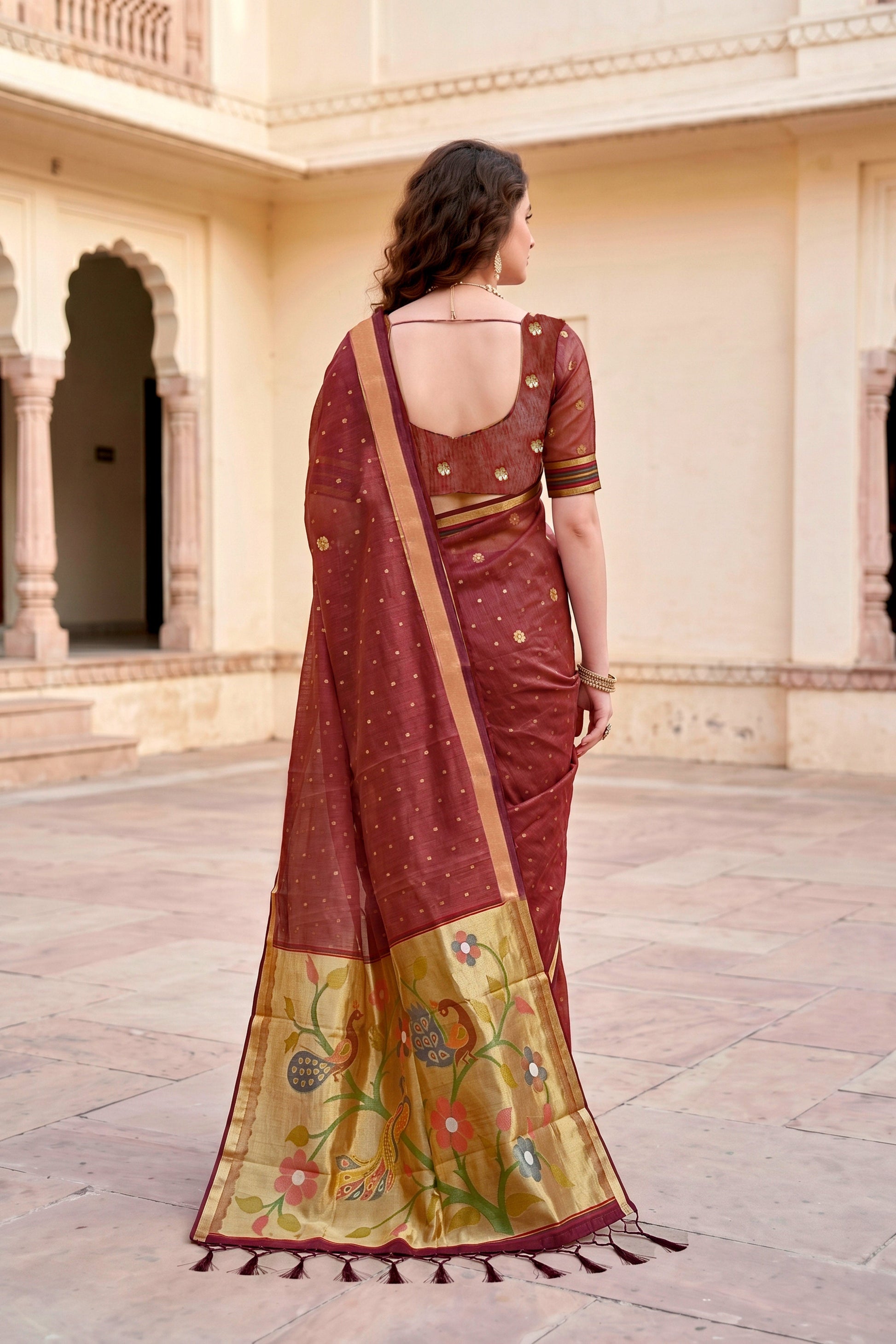 Sangam Prints Maroon Cotton Blend Woven Work Traditional Saree