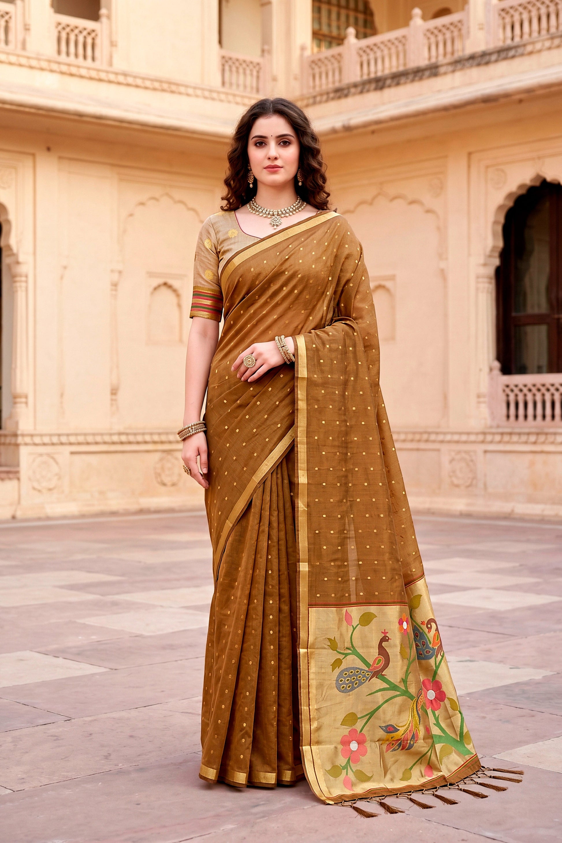 Sangam Prints Mustard Brown Cotton Blend Woven Work Traditional Saree