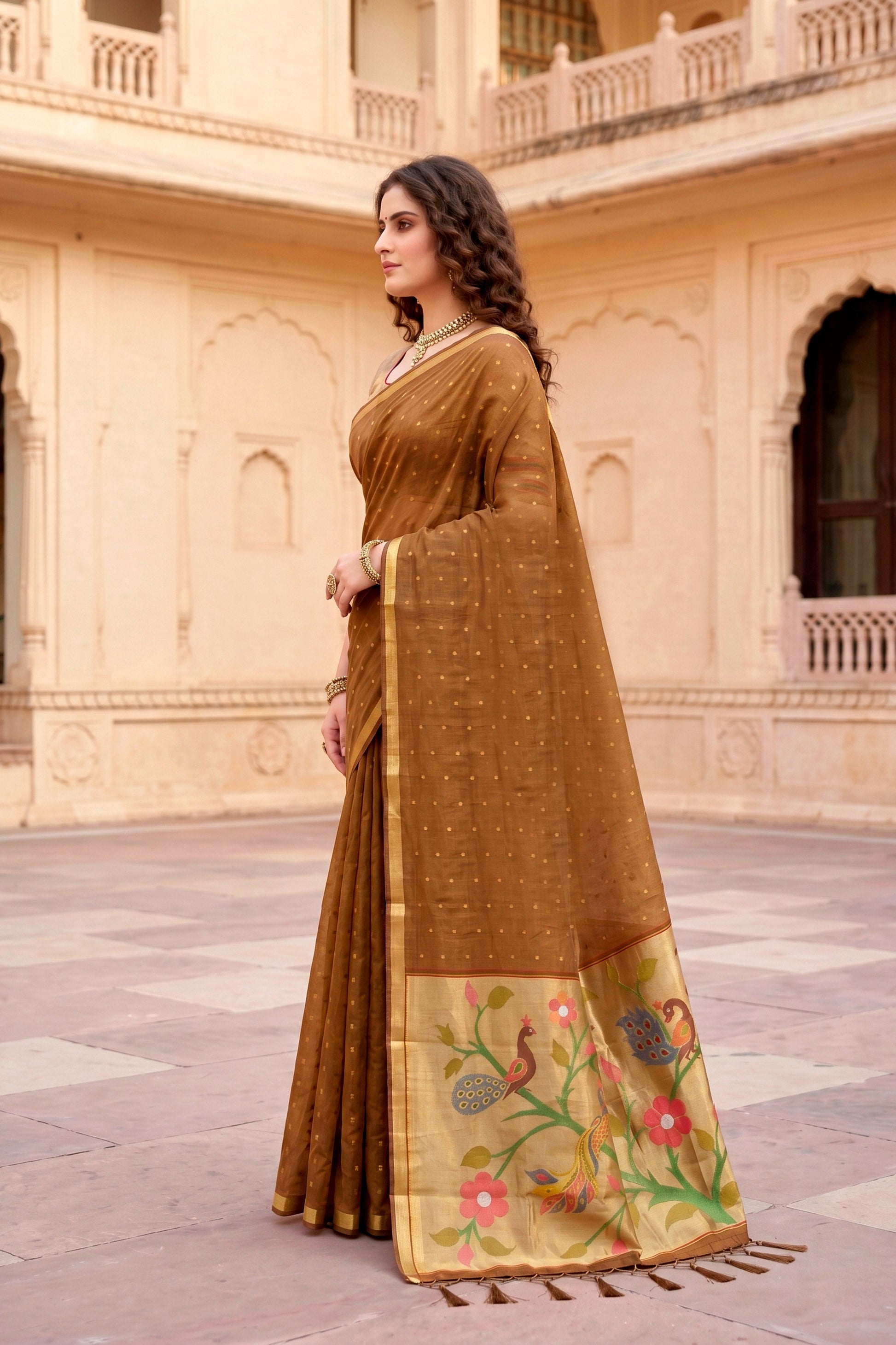 Sangam Prints Mustard Brown Cotton Blend Woven Work Traditional Saree