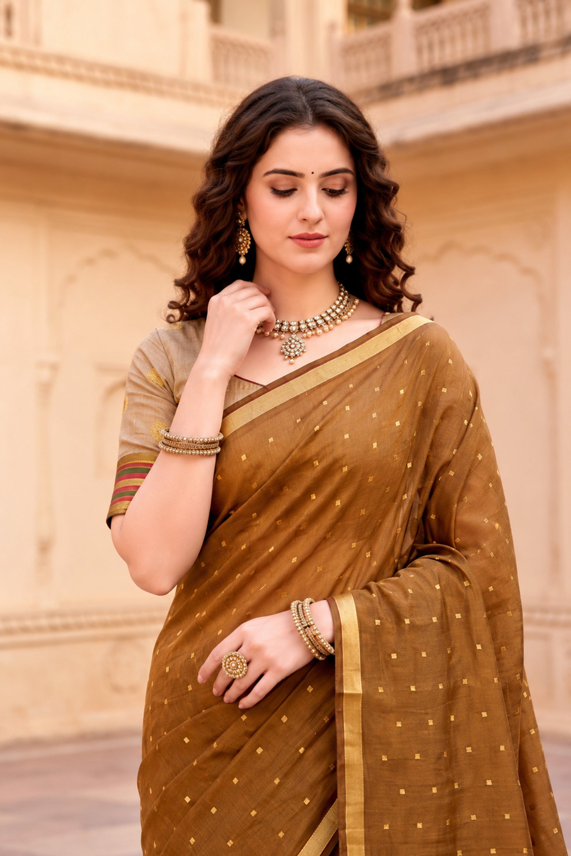 Sangam Prints Mustard Brown Cotton Blend Woven Work Traditional Saree