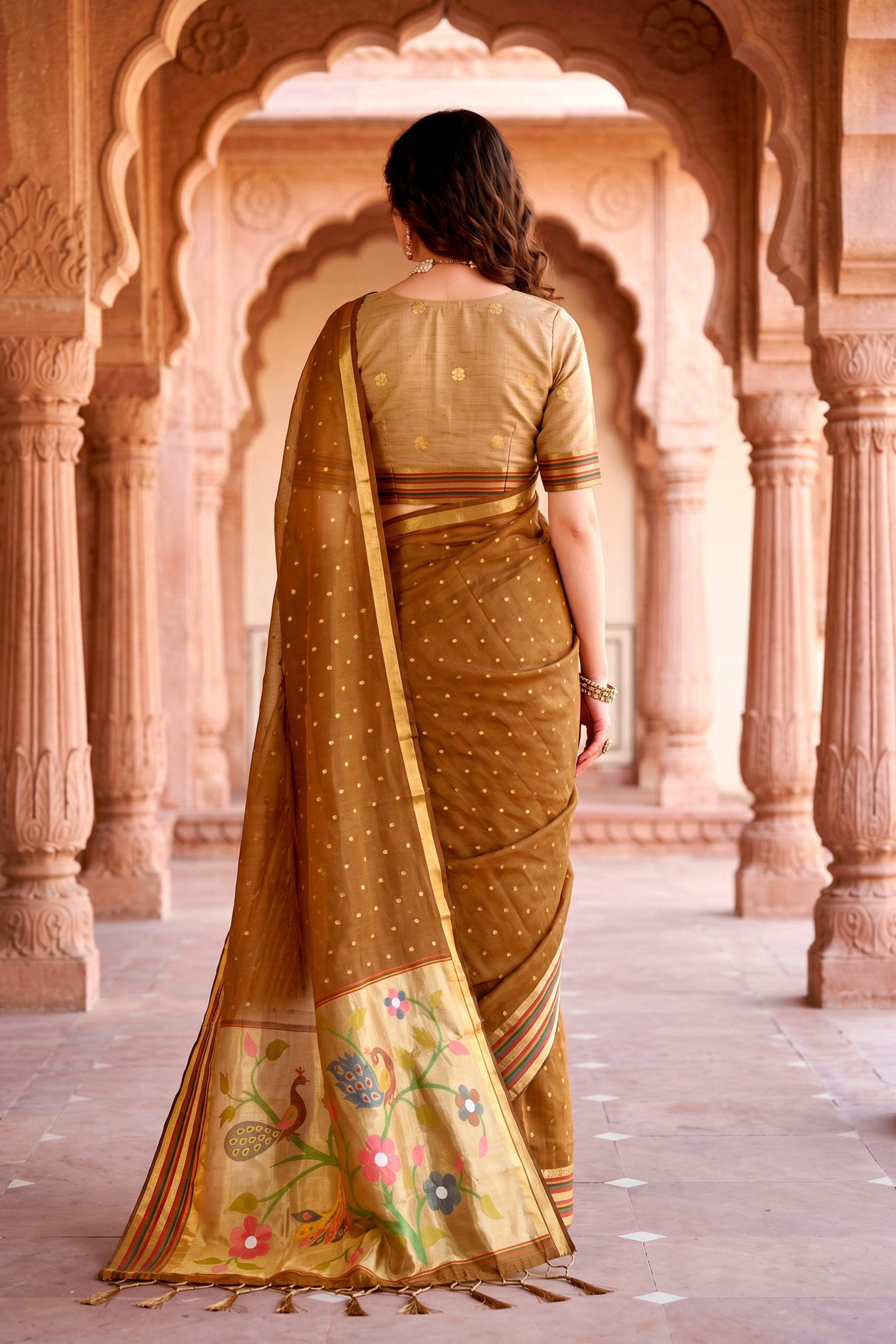 Sangam Prints Mustard Brown Cotton Blend Woven Work Traditional Saree