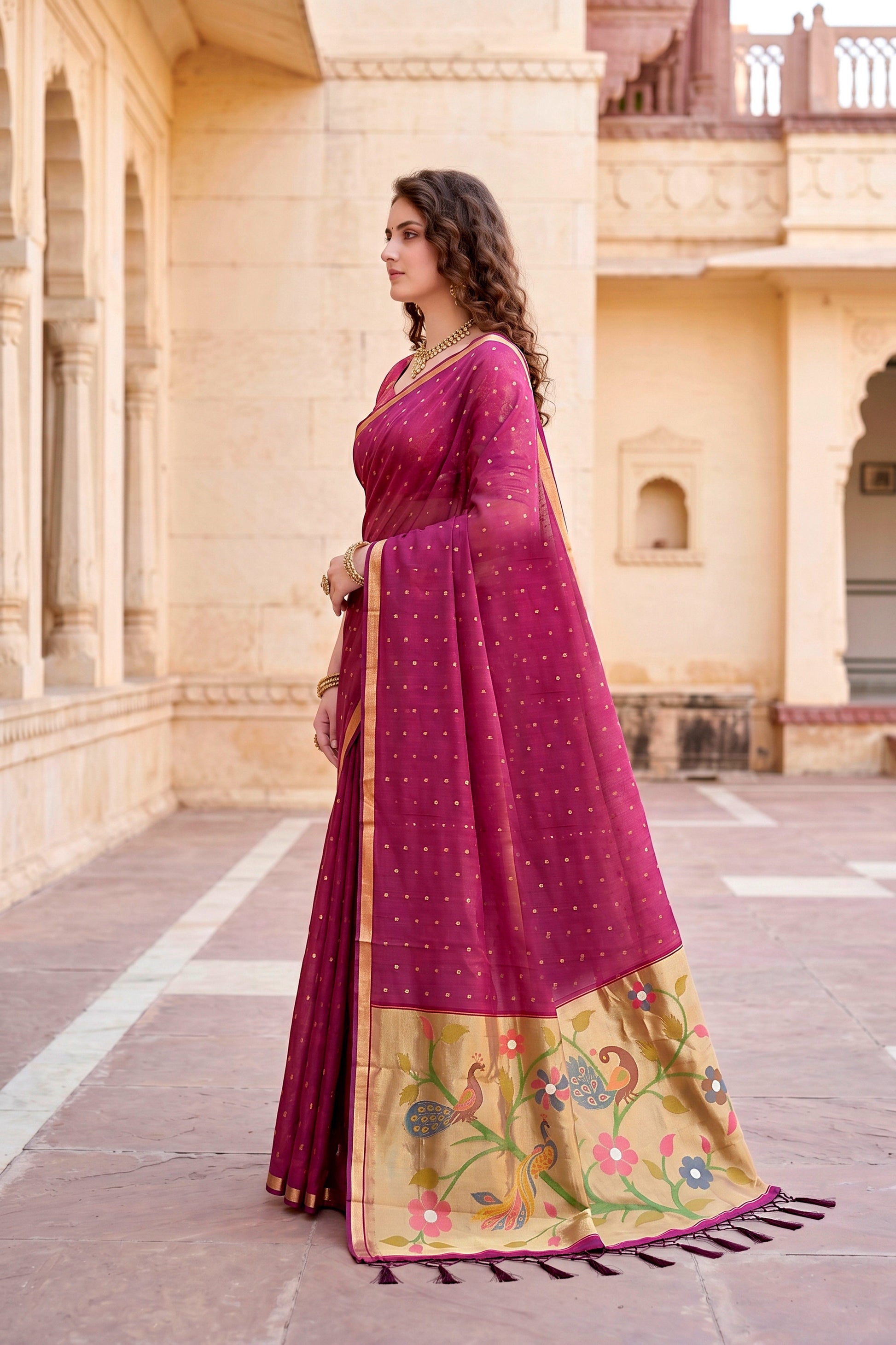 Sangam Prints Pink Cotton Blend Woven Work Traditional Saree
