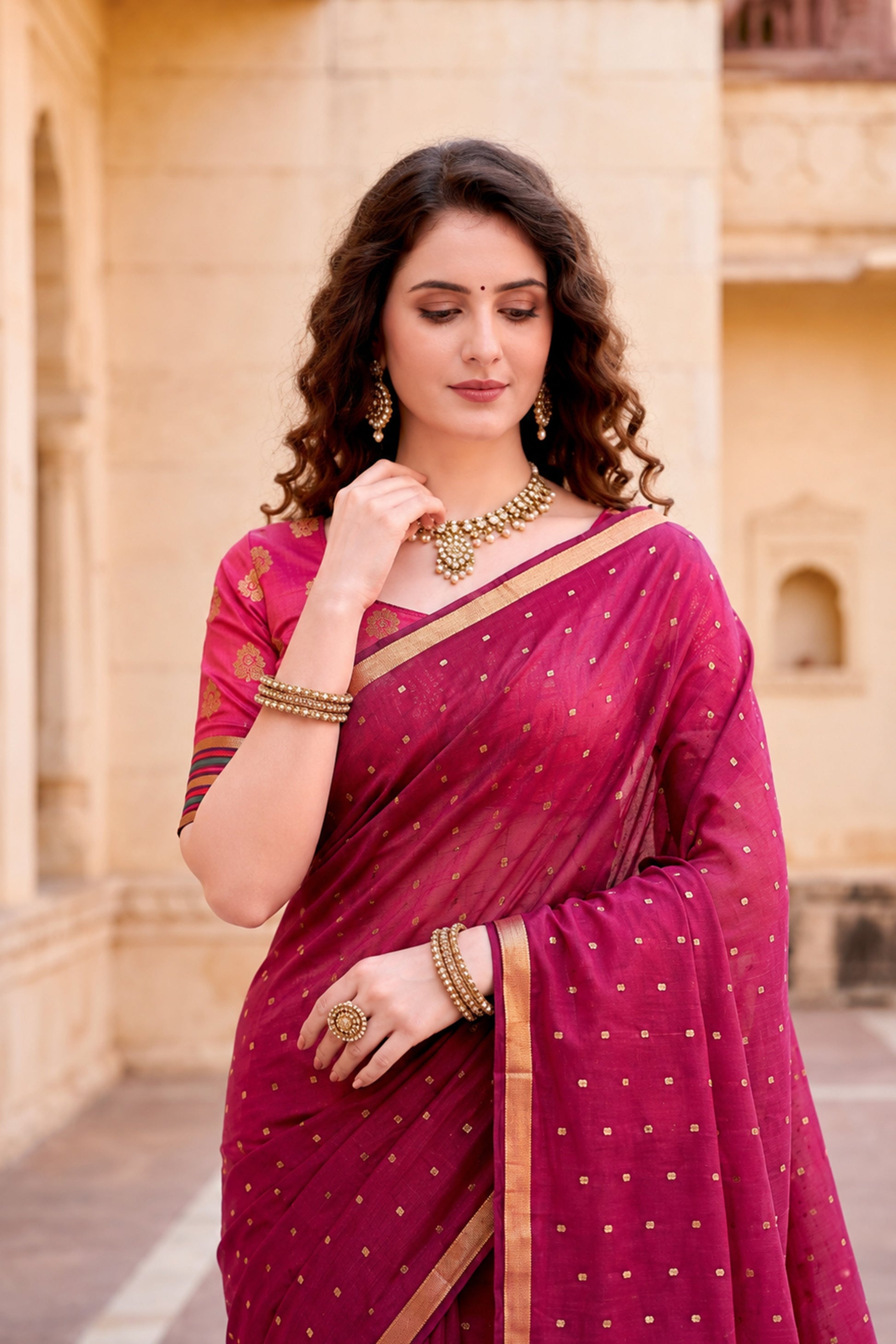 Sangam Prints Pink Cotton Blend Woven Work Traditional Saree