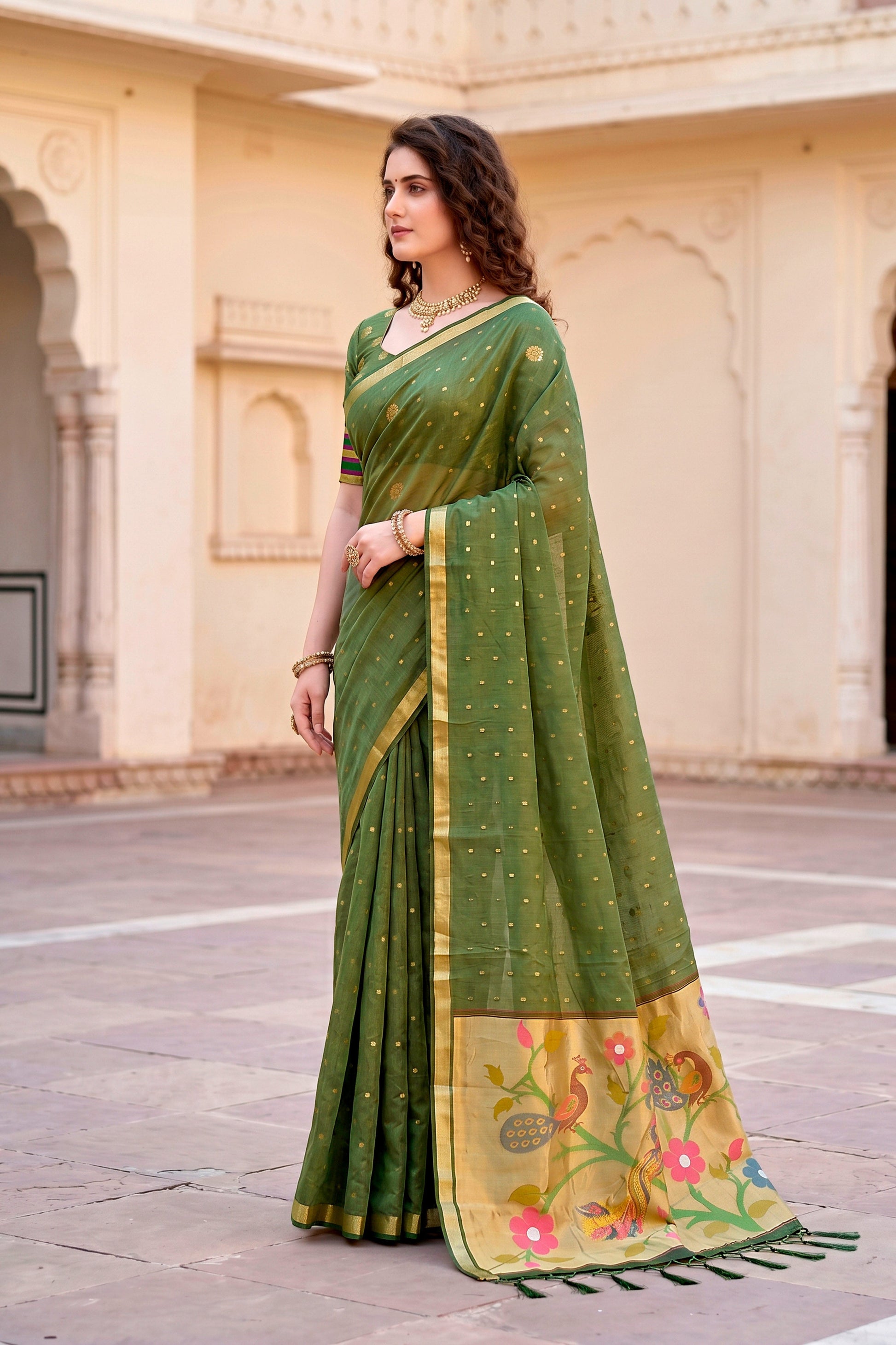 Sangam Prints Mehndi Green Cotton Blend Woven Work Traditional Saree