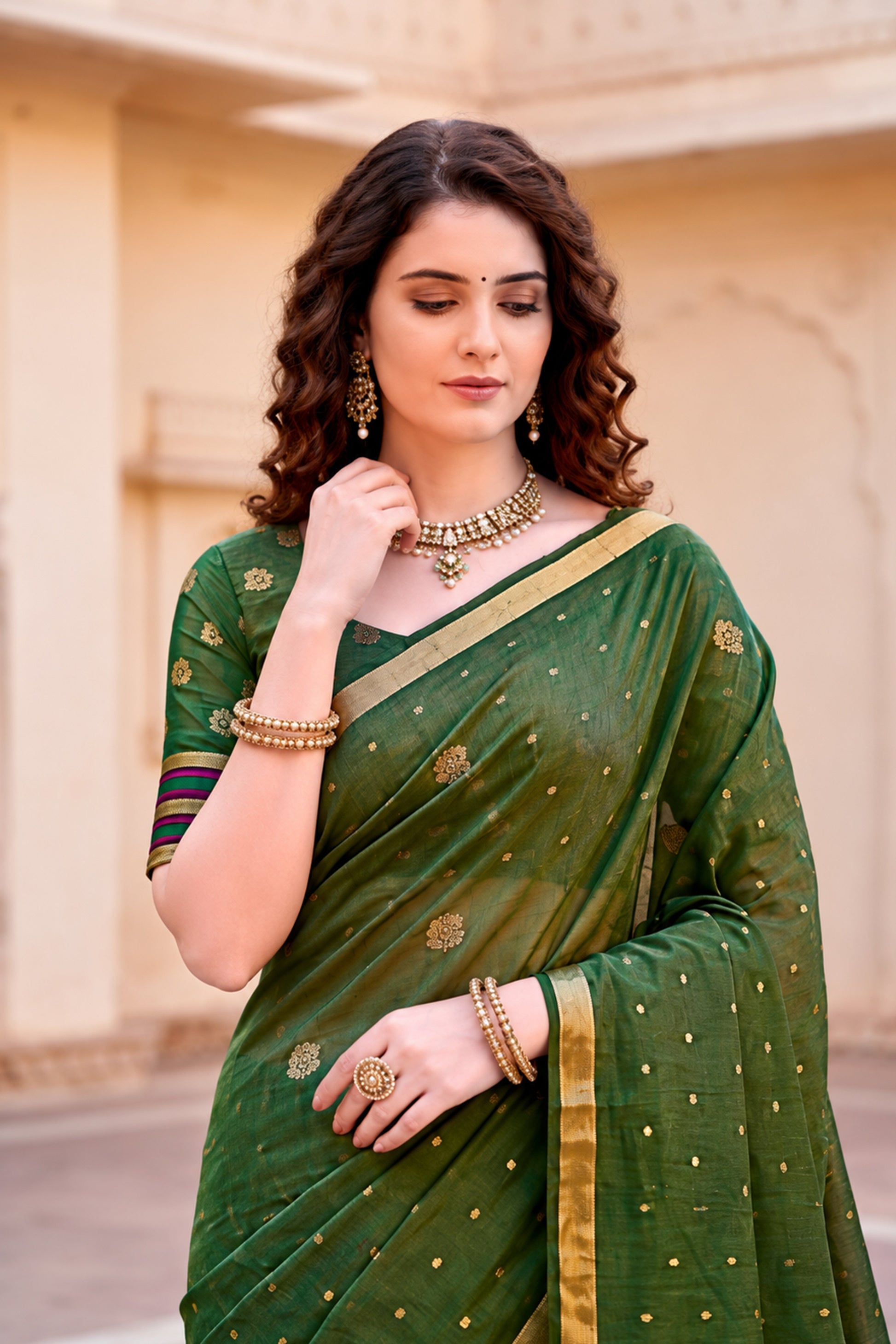 Sangam Prints Mehndi Green Cotton Blend Woven Work Traditional Saree