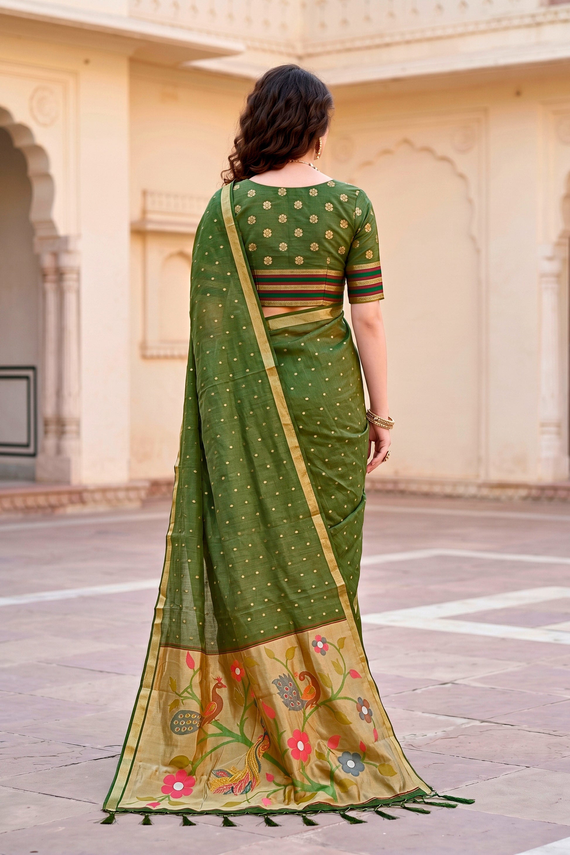 Sangam Prints Mehndi Green Cotton Blend Woven Work Traditional Saree