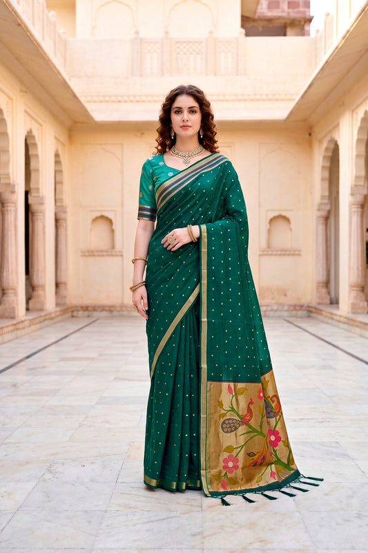Sangam Prints Emerald Green Cotton Blend Woven Work Traditional Saree