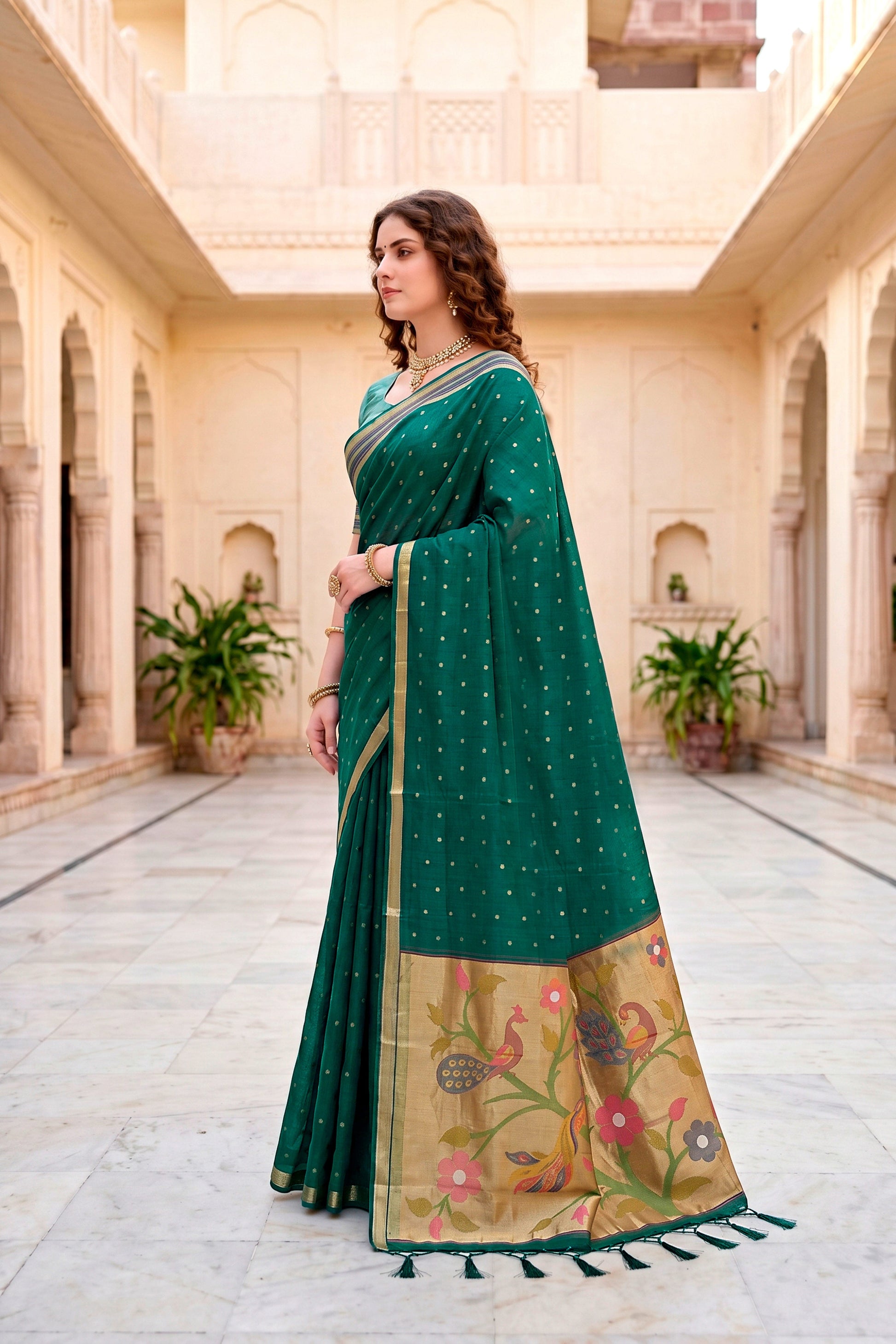 Sangam Prints Emerald Green Cotton Blend Woven Work Traditional Saree