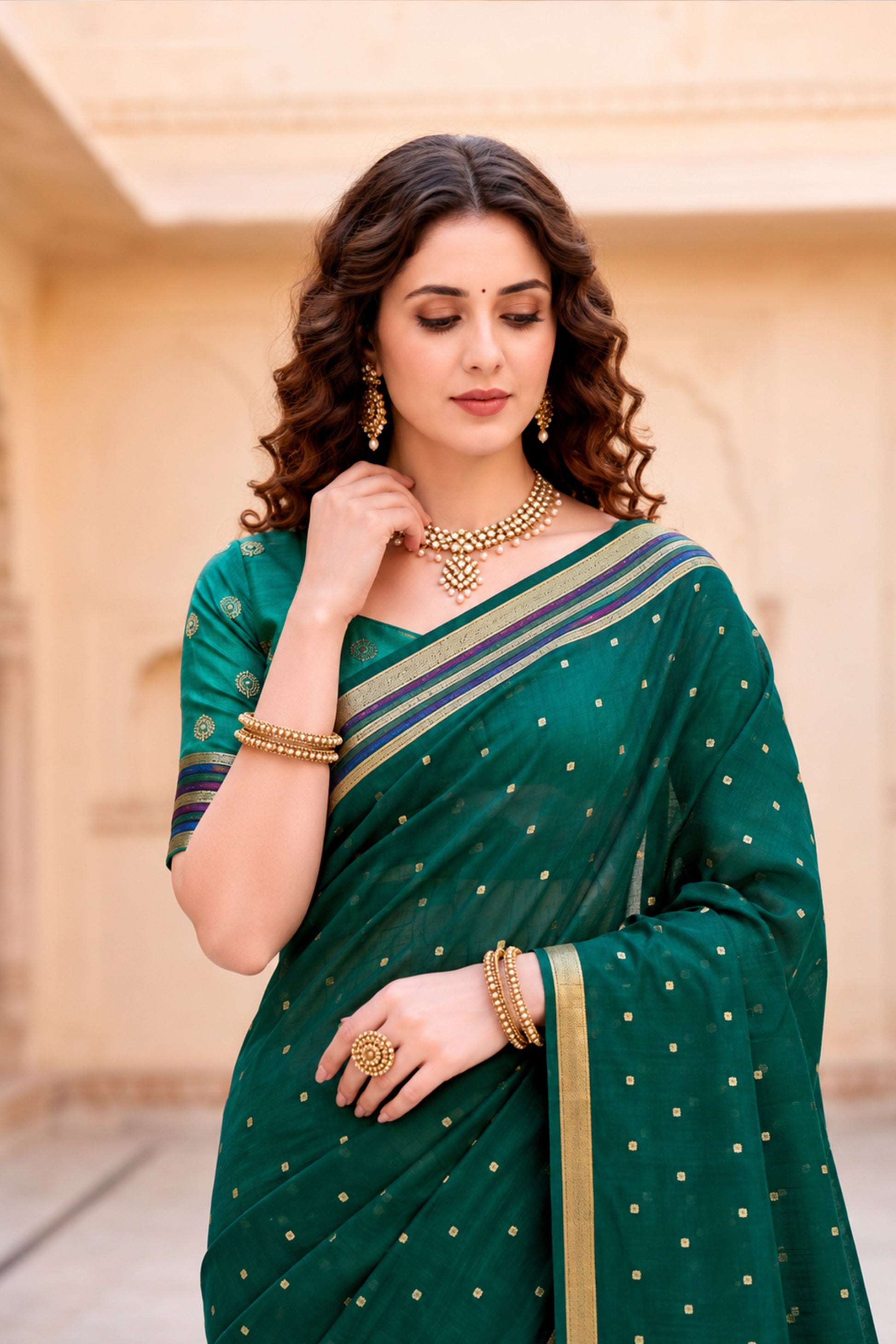 Sangam Prints Emerald Green Cotton Blend Woven Work Traditional Saree