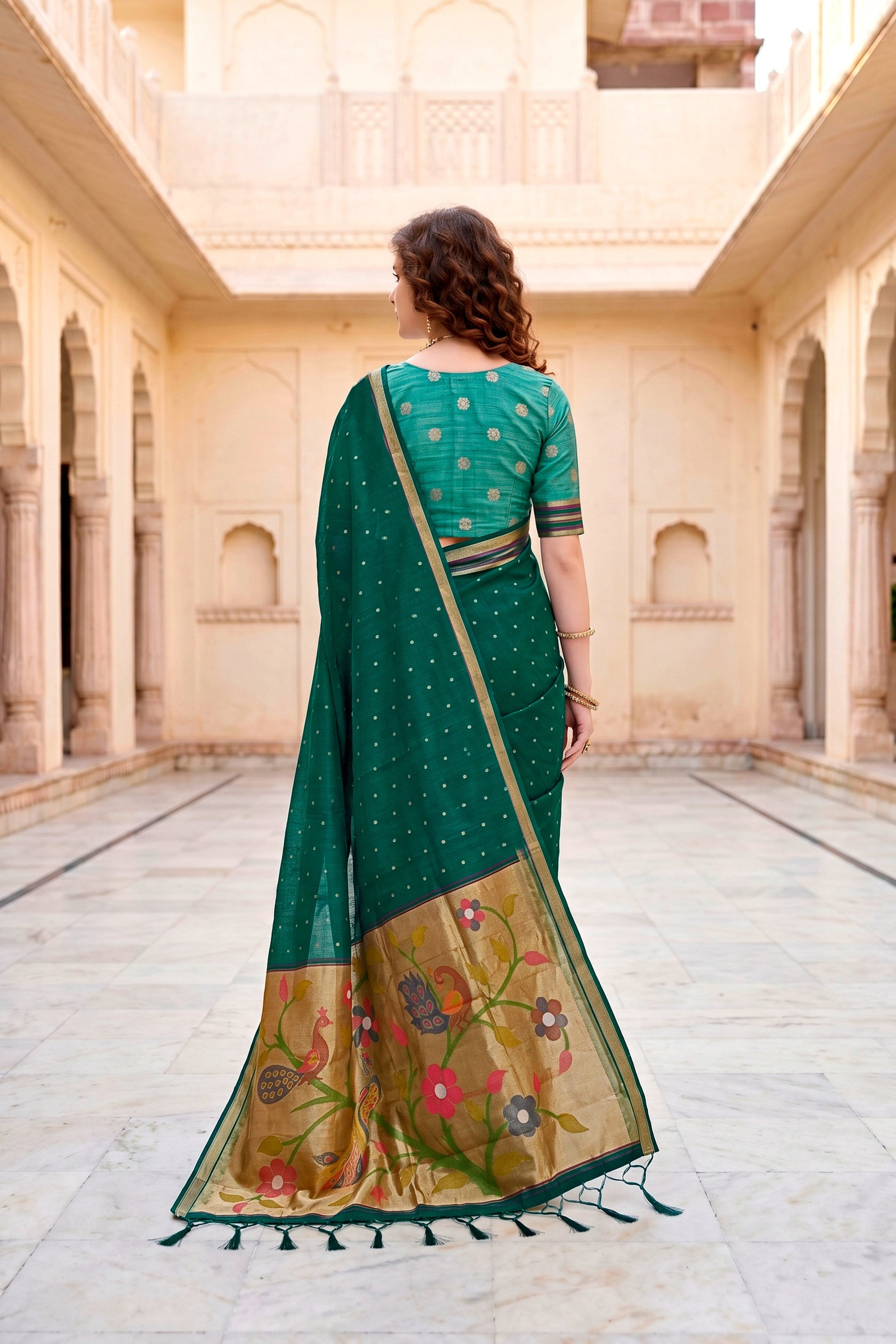 Sangam Prints Emerald Green Cotton Blend Woven Work Traditional Saree