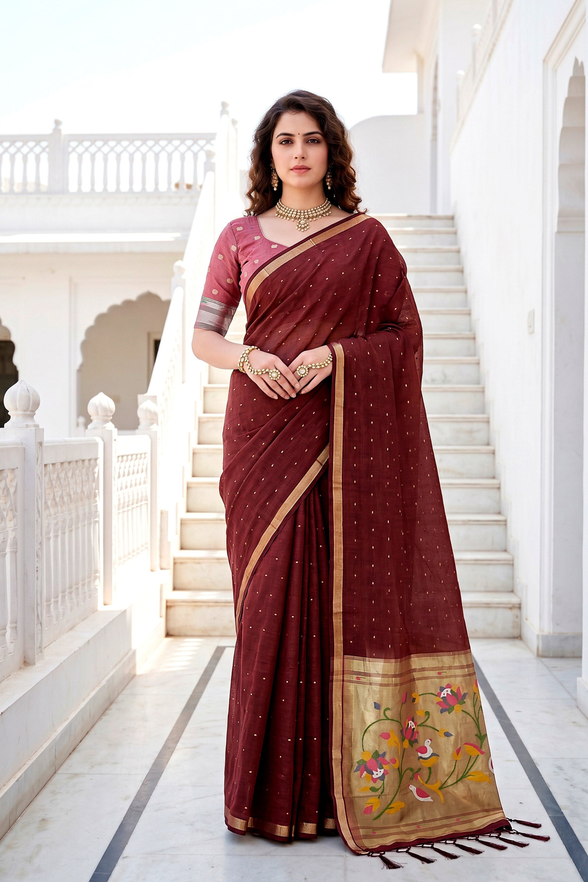 Sangam Prints Maroon Cotton Blend Woven Work Traditional Saree