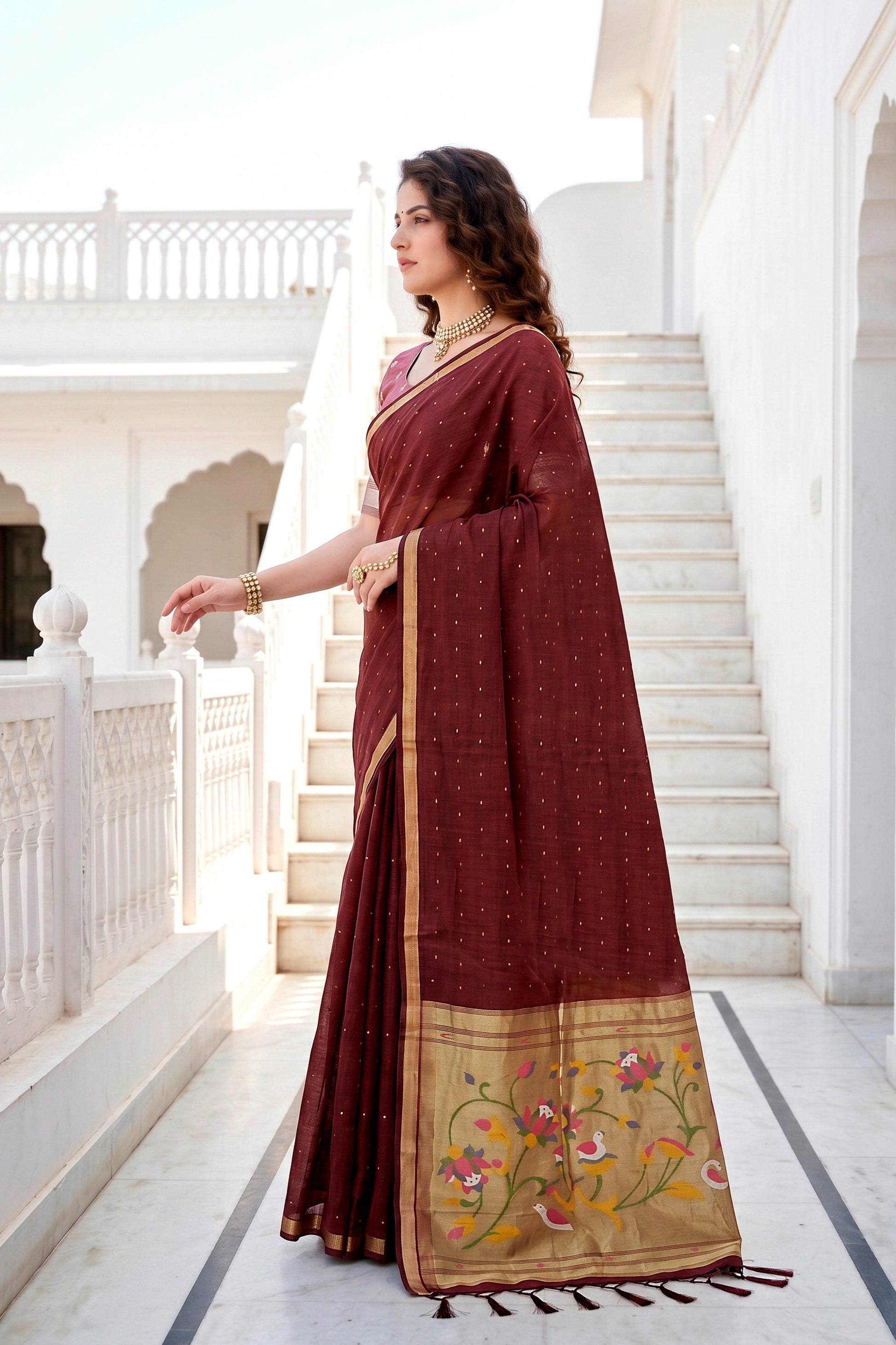 Sangam Prints Maroon Cotton Blend Woven Work Traditional Saree