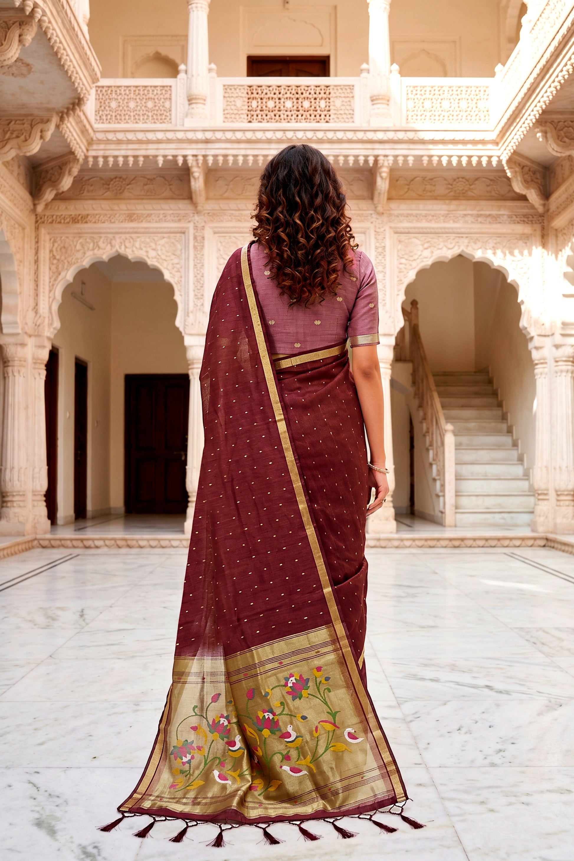 Sangam Prints Maroon Cotton Blend Woven Work Traditional Saree