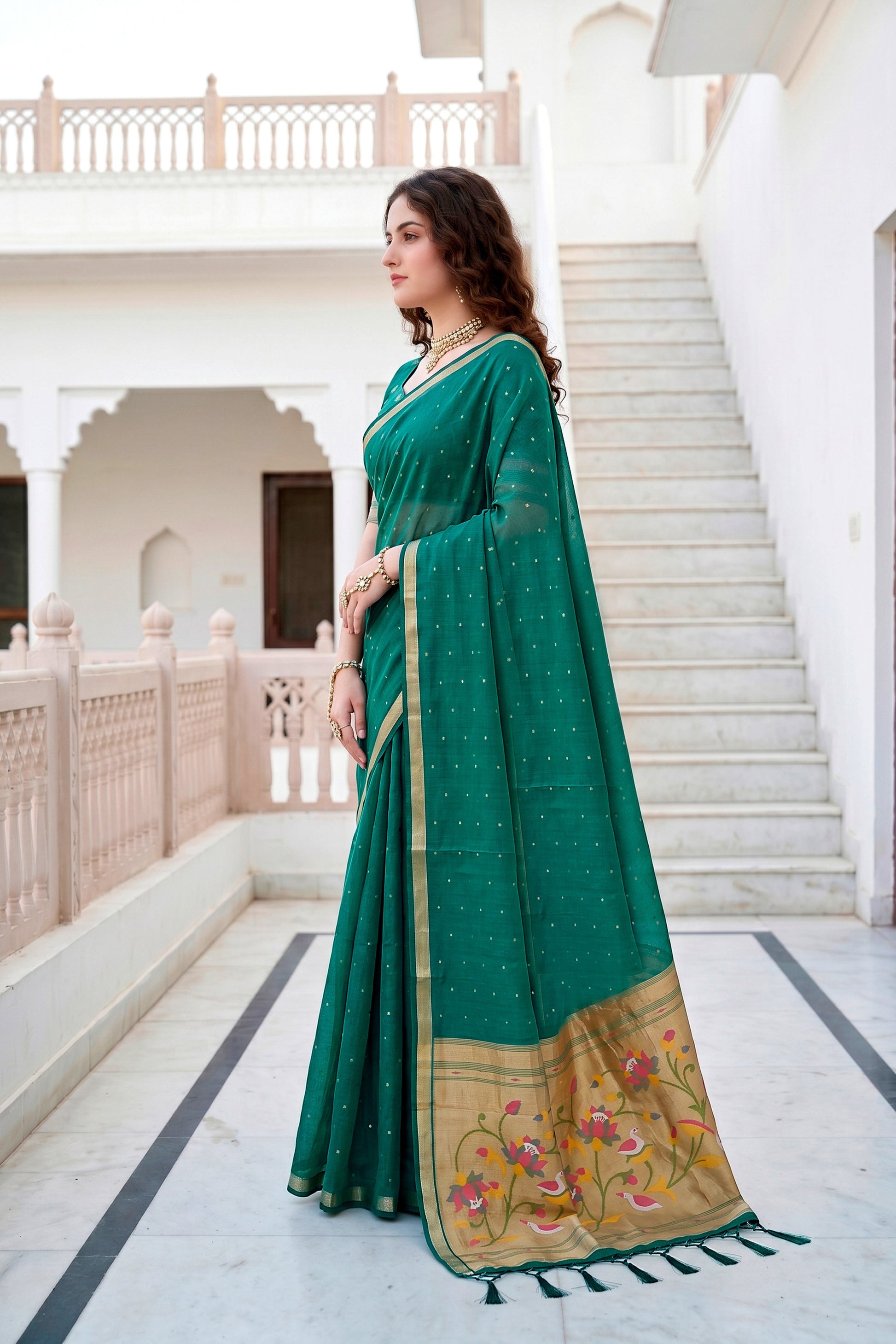Sangam Prints Emerald Green Cotton Blend Woven Work Traditional Saree