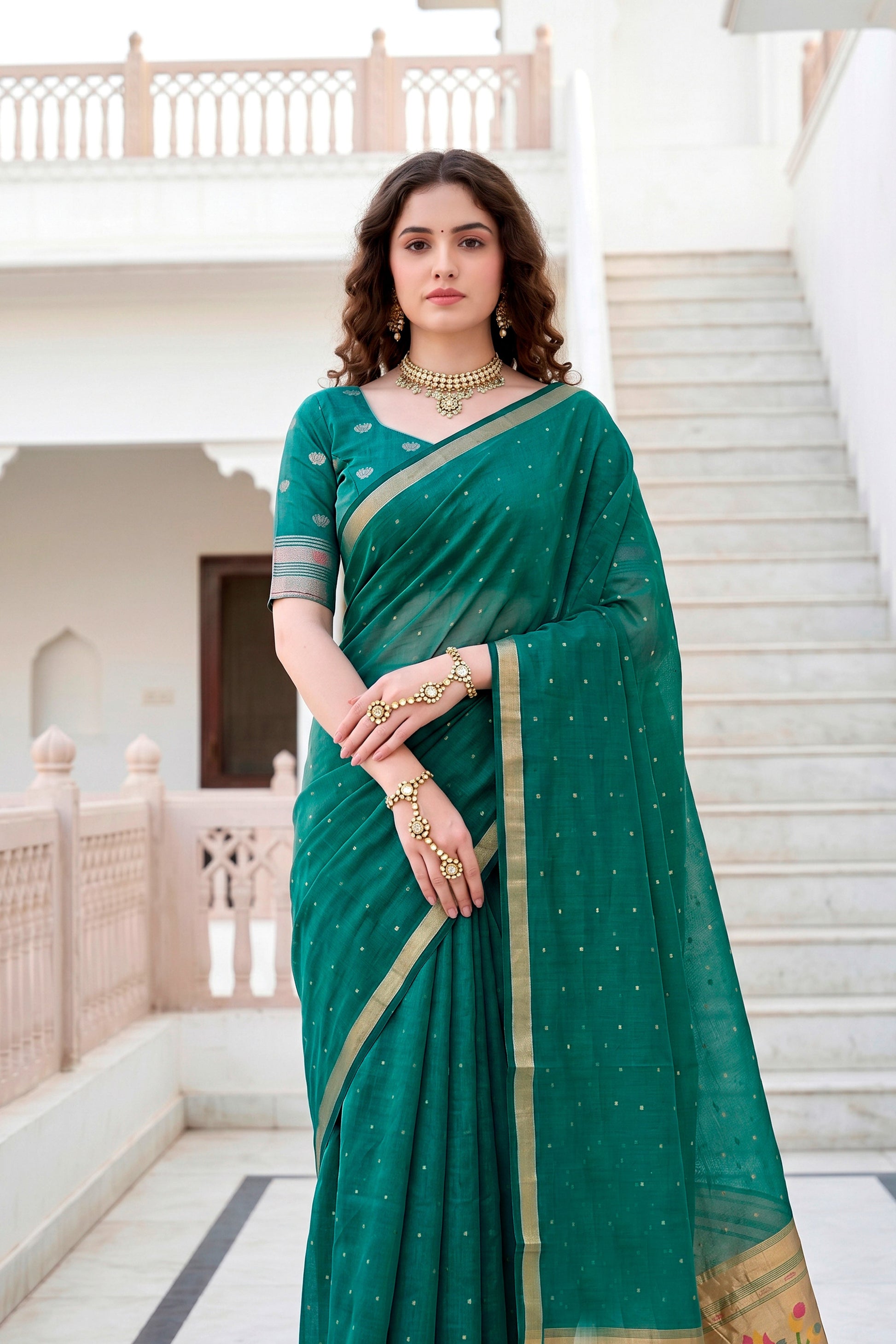 Sangam Prints Emerald Green Cotton Blend Woven Work Traditional Saree