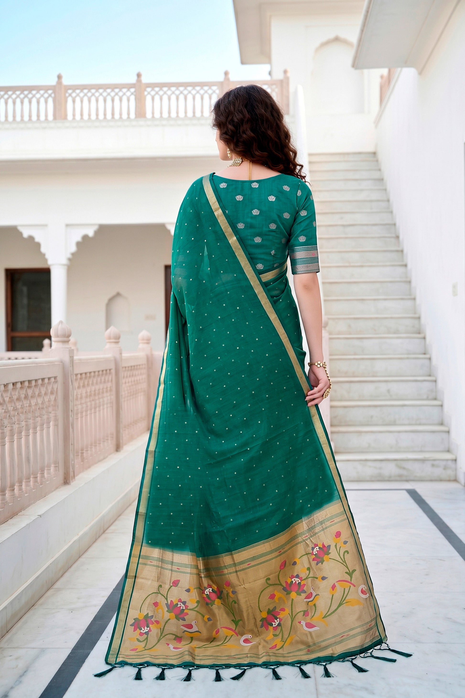 Sangam Prints Emerald Green Cotton Blend Woven Work Traditional Saree