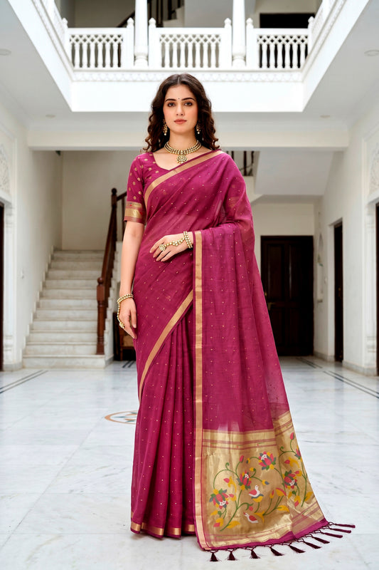 Sangam Prints Pink Cotton Blend Woven Work Traditional Saree