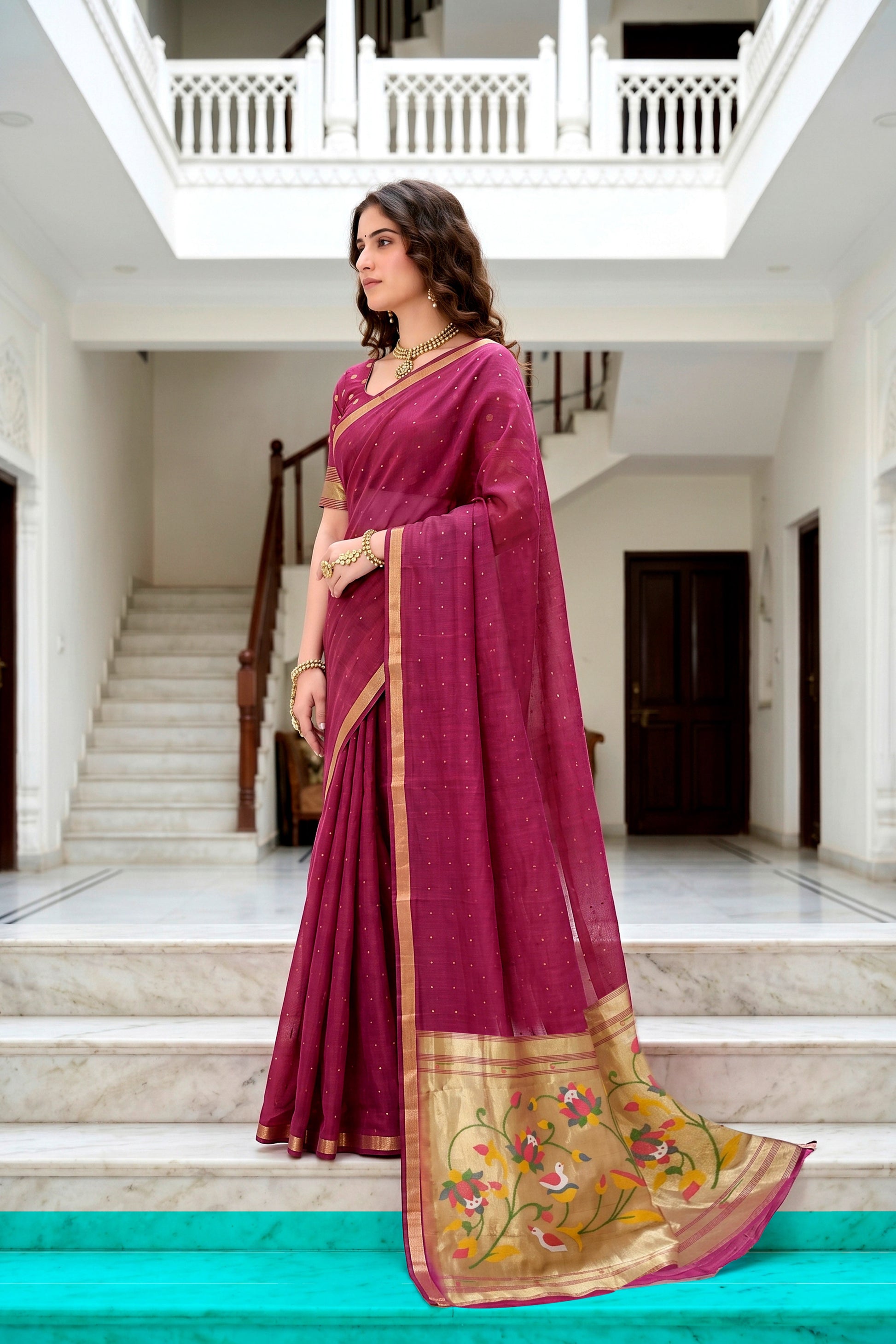 Sangam Prints Pink Cotton Blend Woven Work Traditional Saree