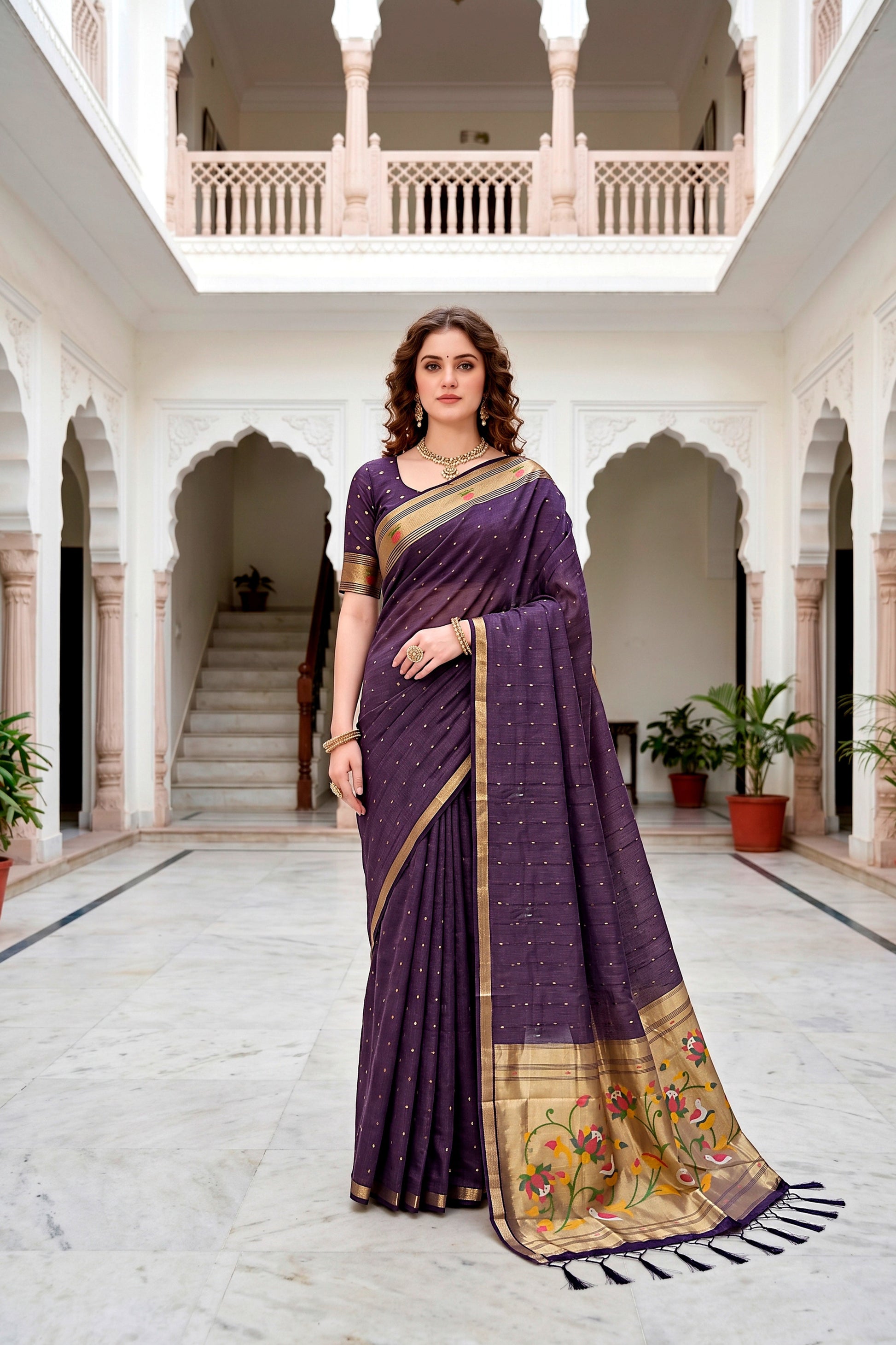 Sangam Prints Violet Cotton Blend Woven Work Traditional Saree