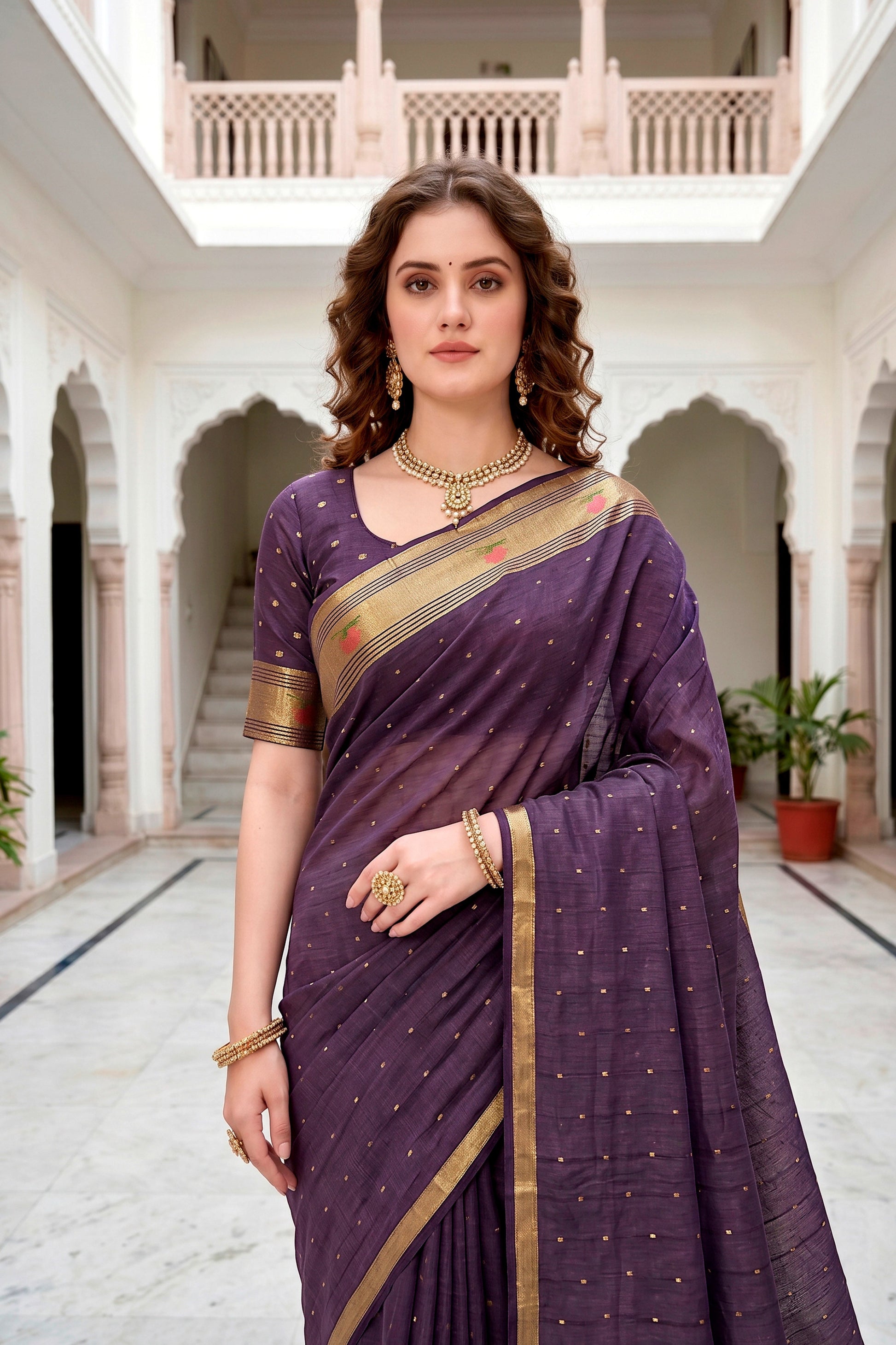 Sangam Prints Violet Cotton Blend Woven Work Traditional Saree