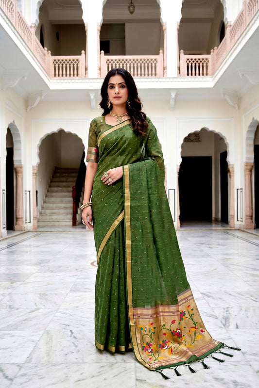 Sangam Prints Mehndi Green Cotton Blend Woven Work Traditional Saree