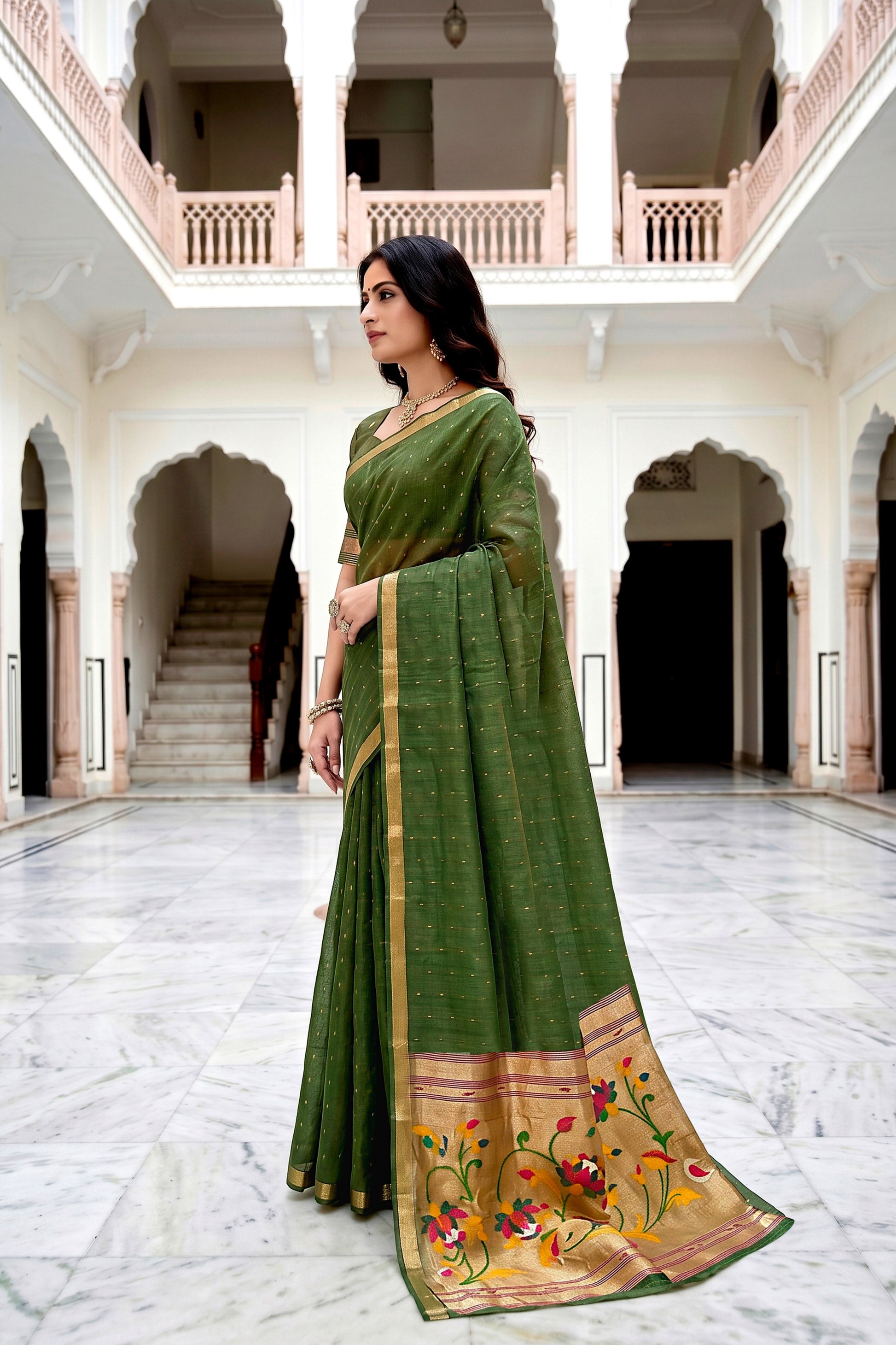 Sangam Prints Mehndi Green Cotton Blend Woven Work Traditional Saree