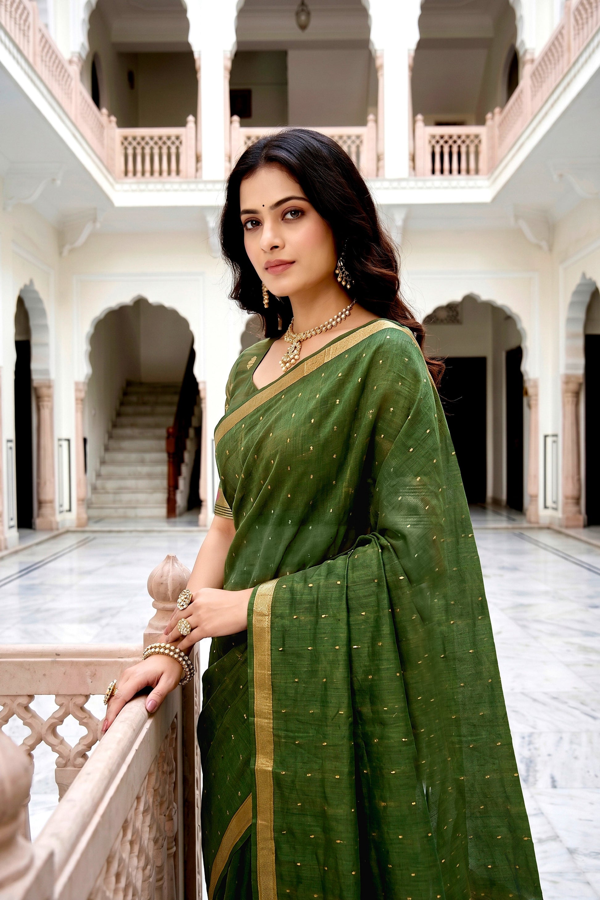 Sangam Prints Mehndi Green Cotton Blend Woven Work Traditional Saree