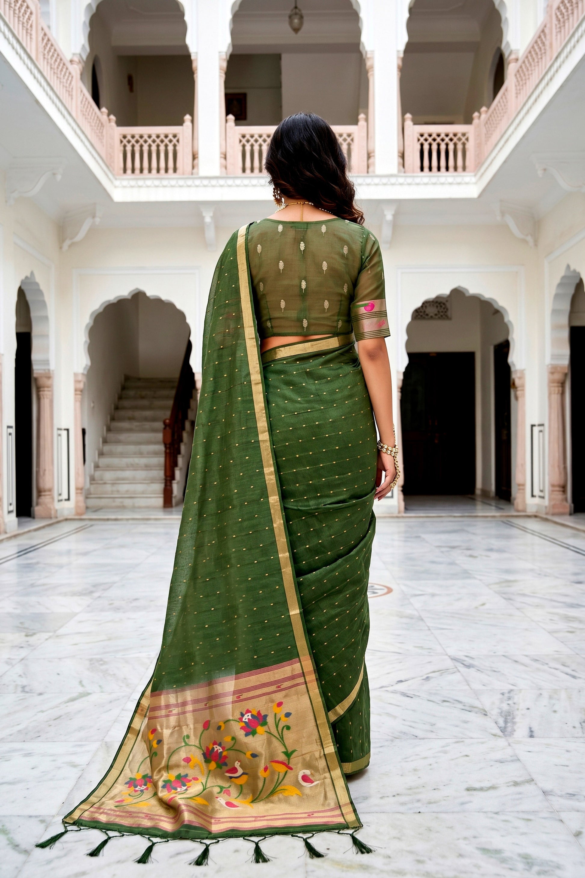 Sangam Prints Mehndi Green Cotton Blend Woven Work Traditional Saree