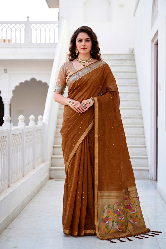Sangam Prints Mustard Brown Cotton Blend Woven Work Traditional Saree