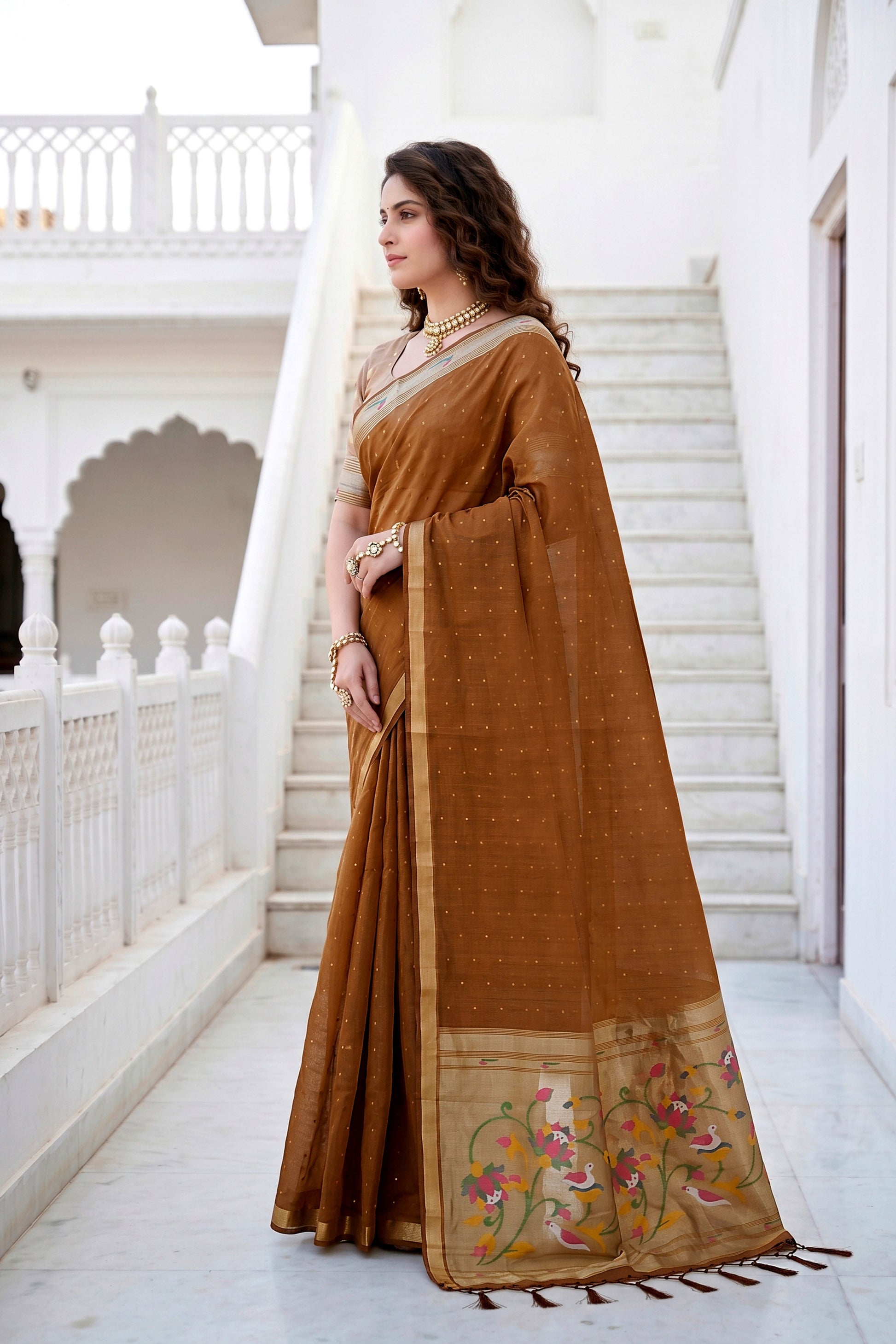 Sangam Prints Mustard Brown Cotton Blend Woven Work Traditional Saree