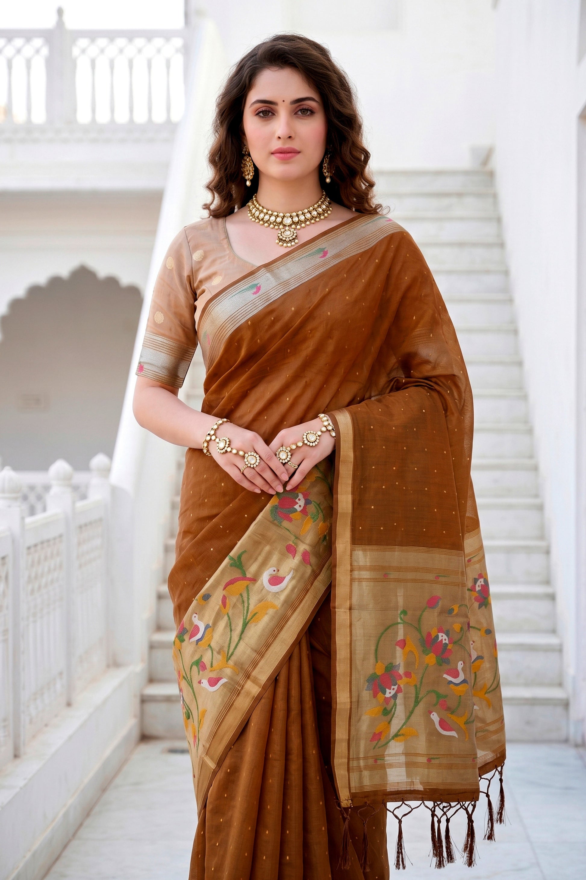 Sangam Prints Mustard Brown Cotton Blend Woven Work Traditional Saree
