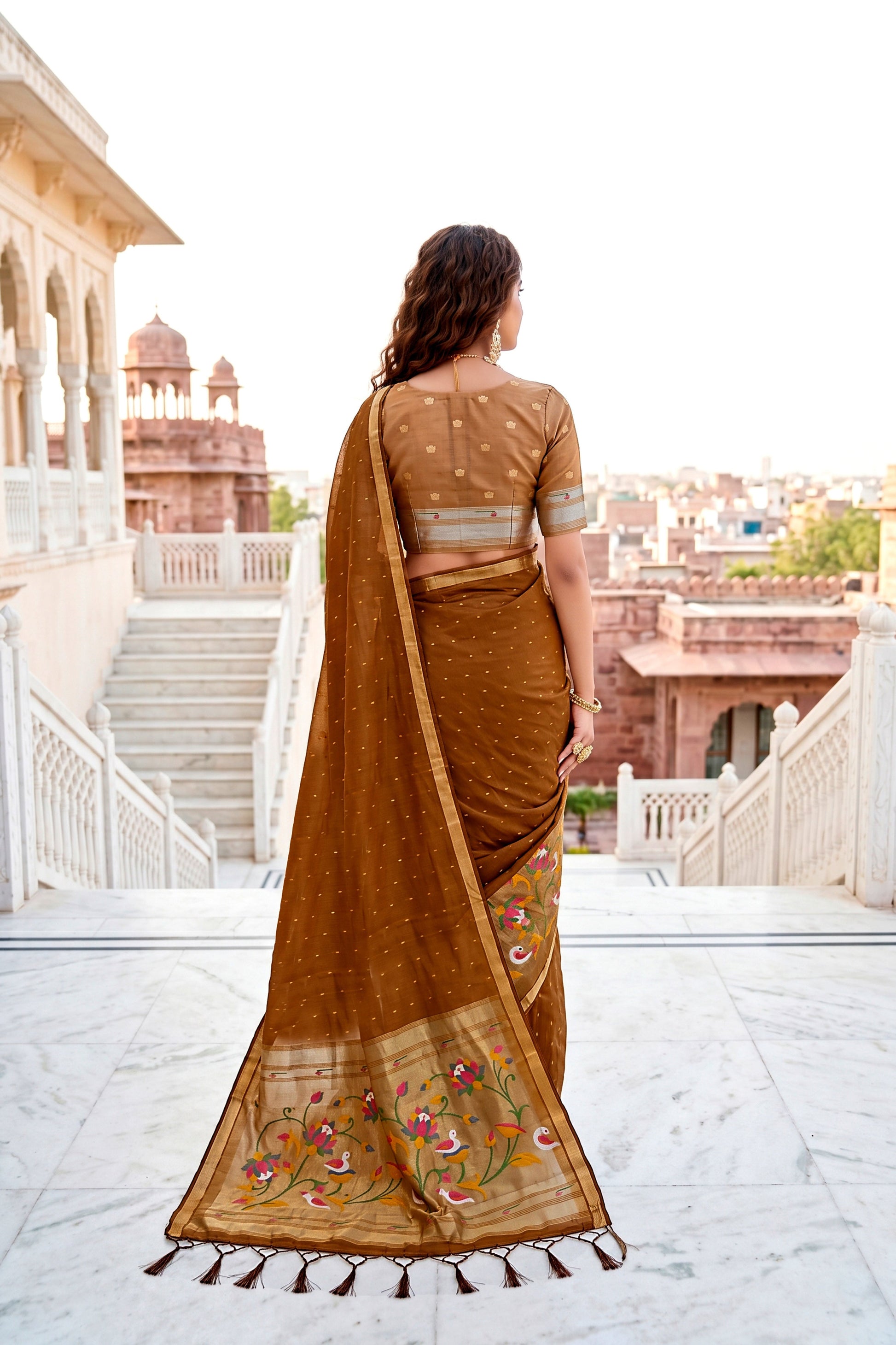 Sangam Prints Mustard Brown Cotton Blend Woven Work Traditional Saree