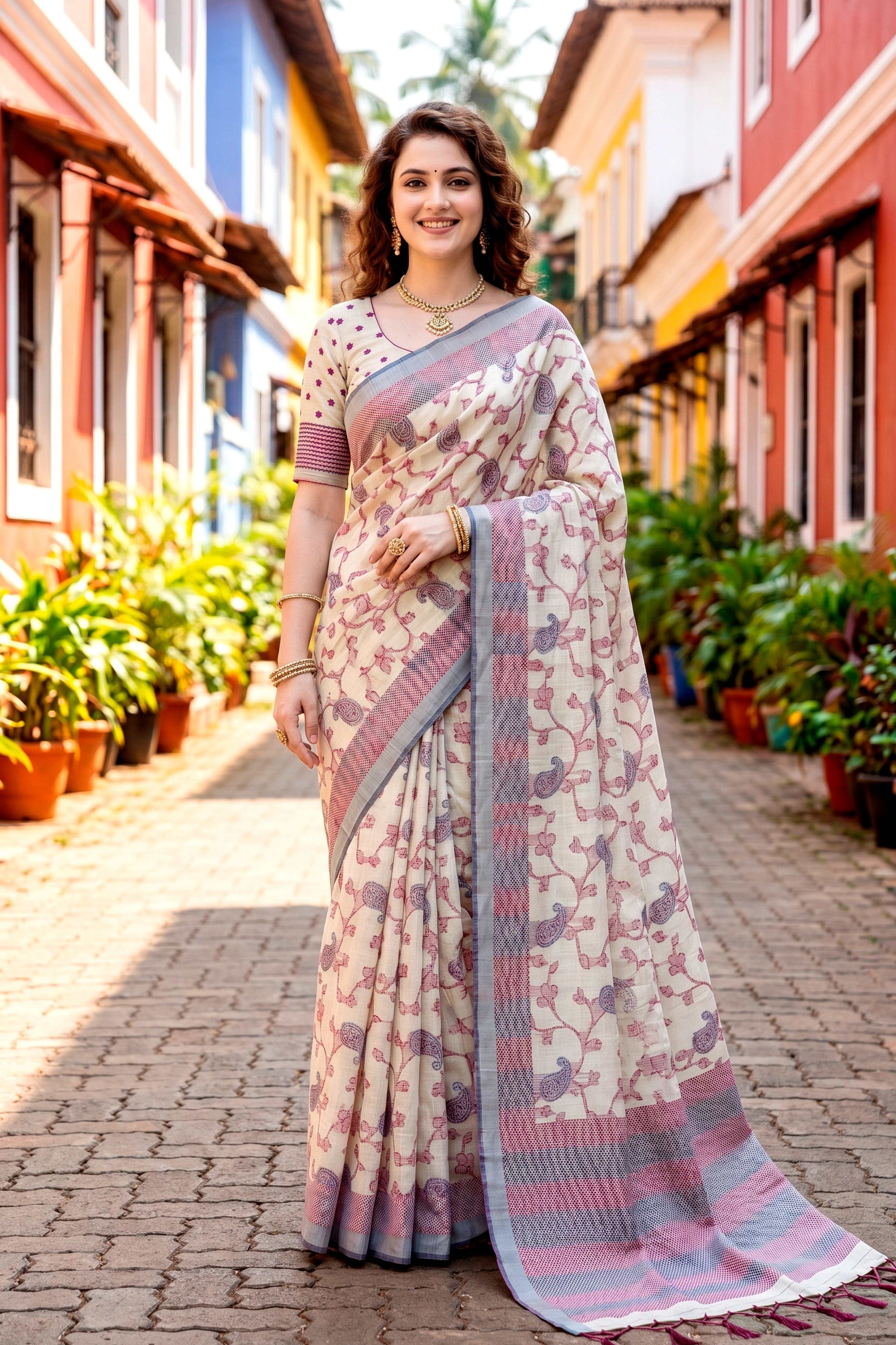 Sangam Prints Red Cotton Blend Woven Work Traditional Saree