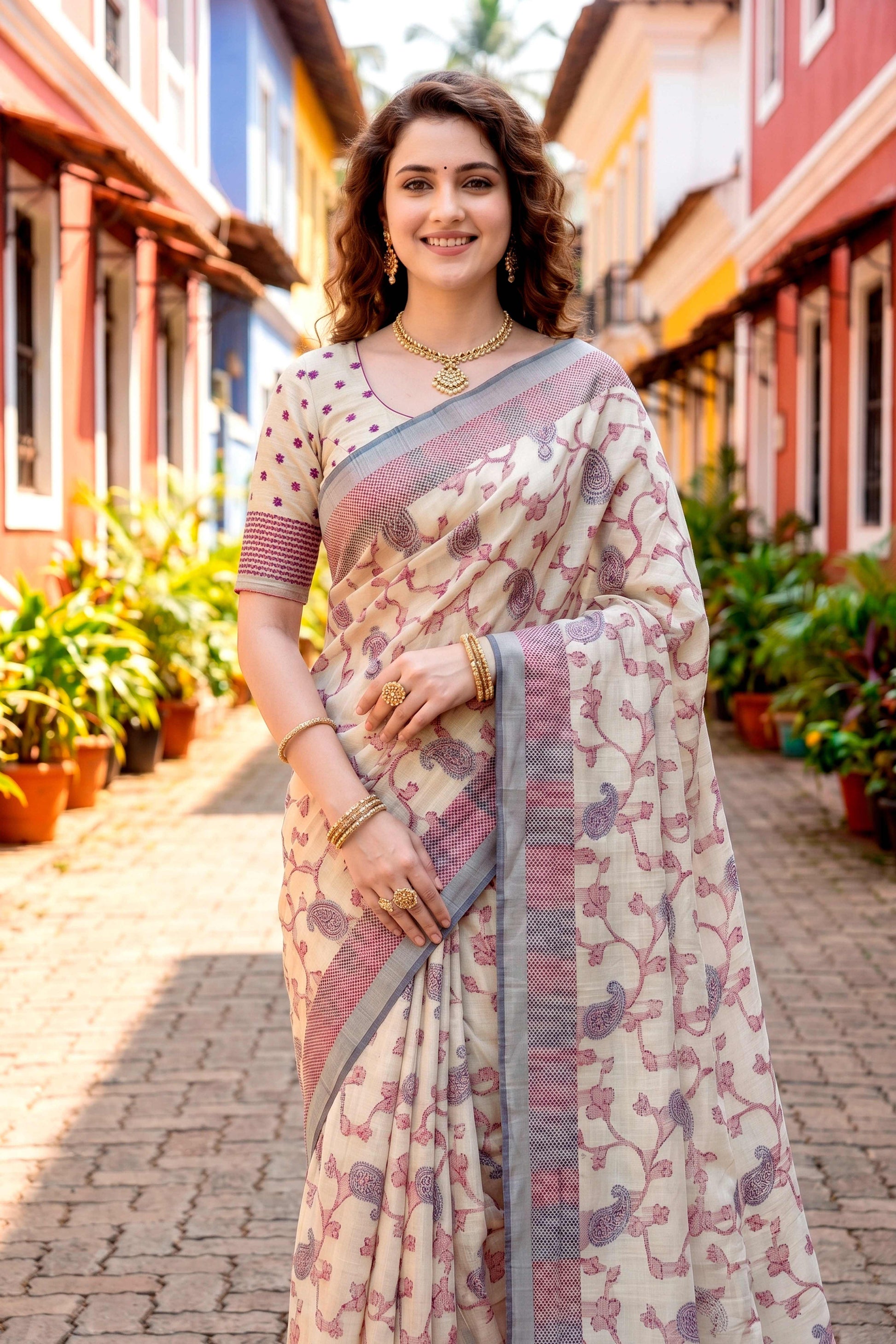 Sangam Prints Red Cotton Blend Woven Work Traditional Saree