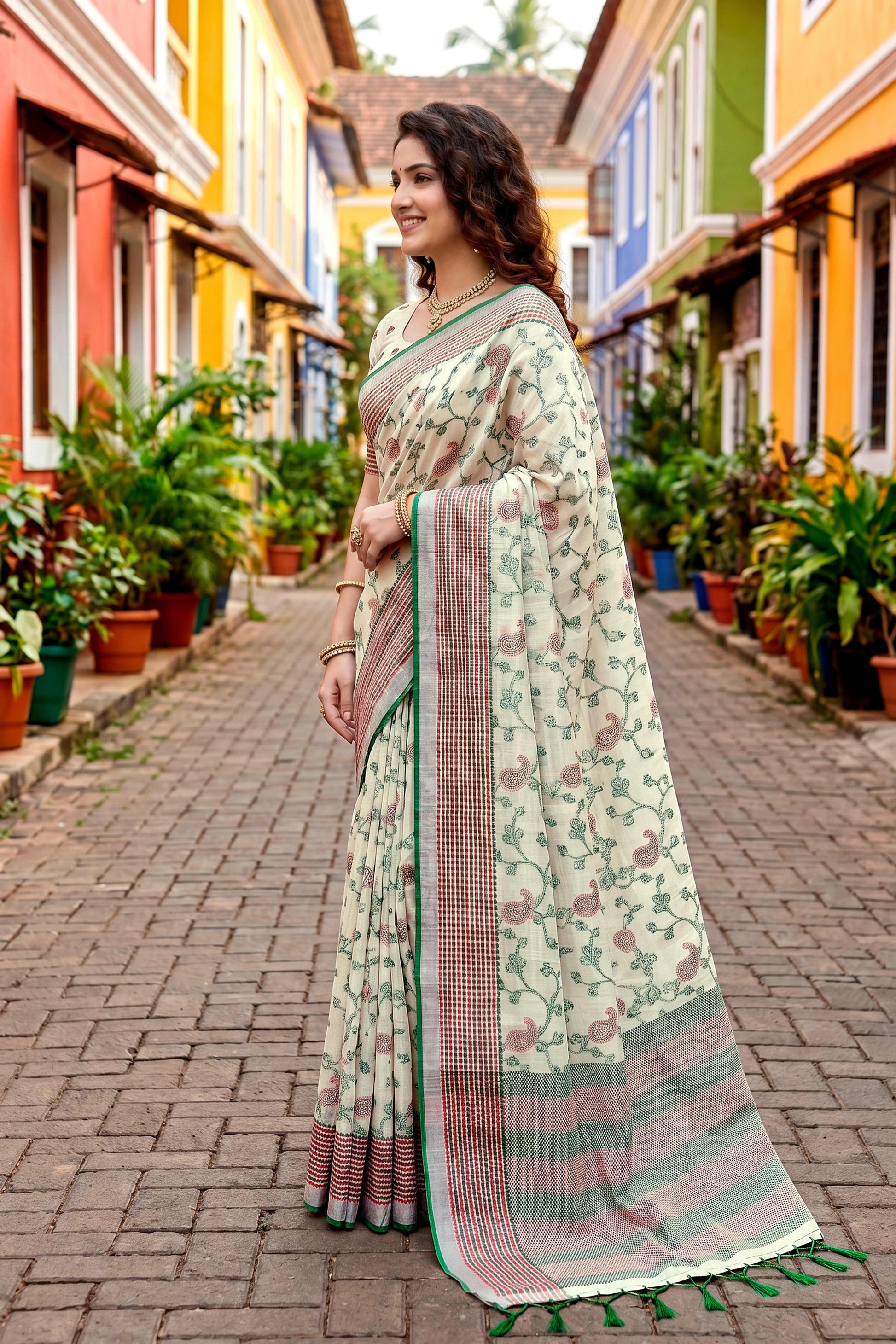 Sangam Prints Green Cotton Blend Woven Work Traditional Saree