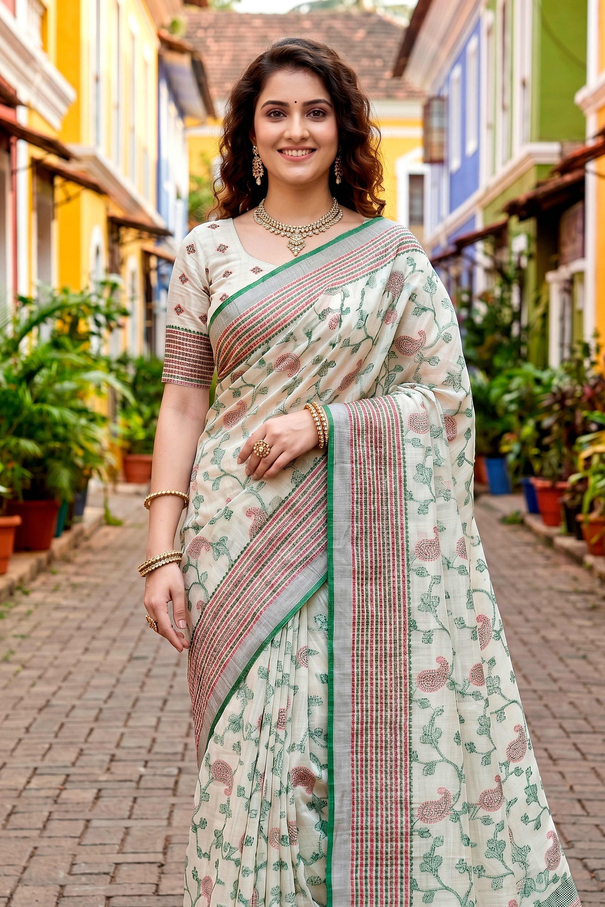 Sangam Prints Green Cotton Blend Woven Work Traditional Saree