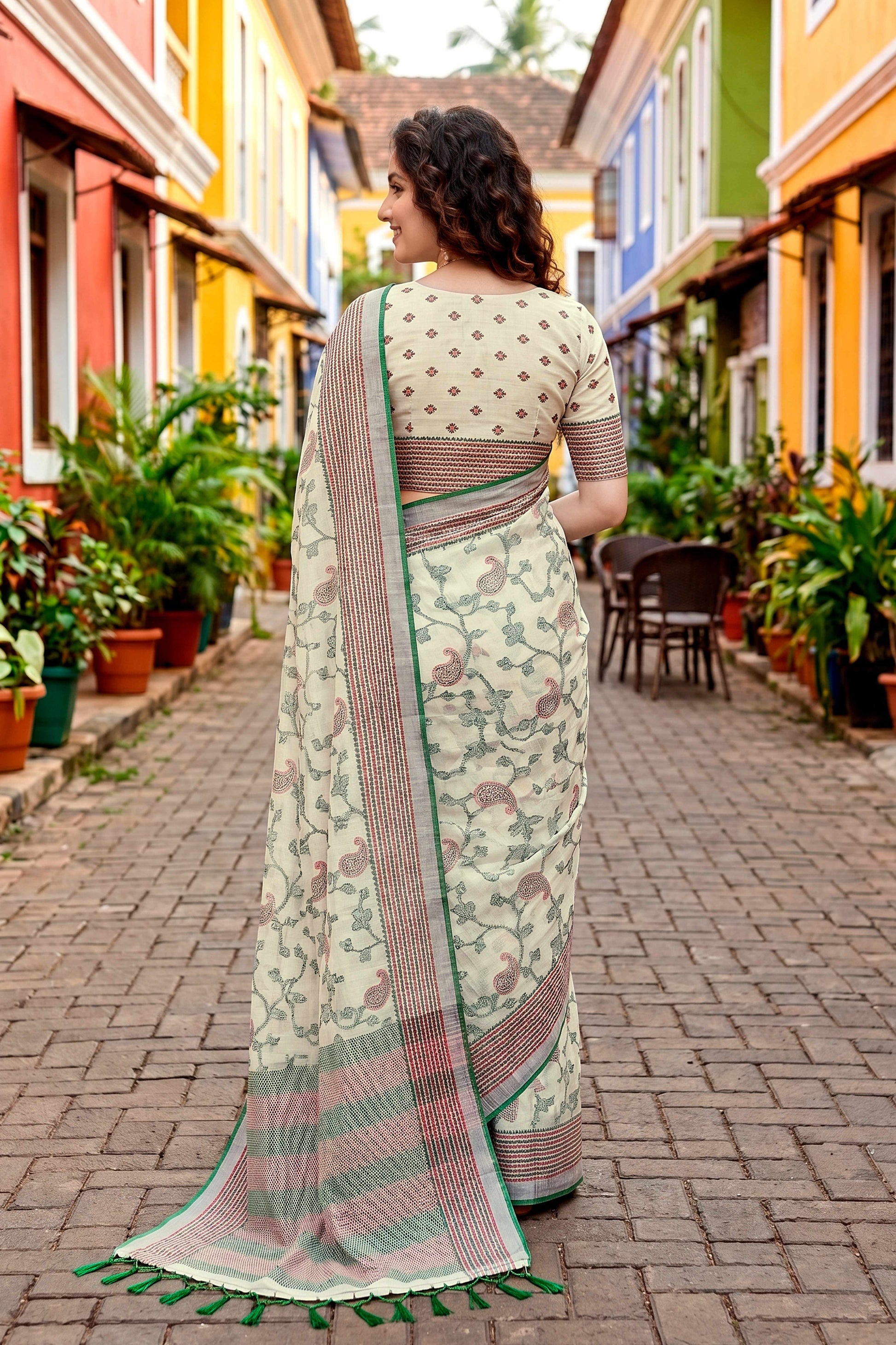 Sangam Prints Green Cotton Blend Woven Work Traditional Saree