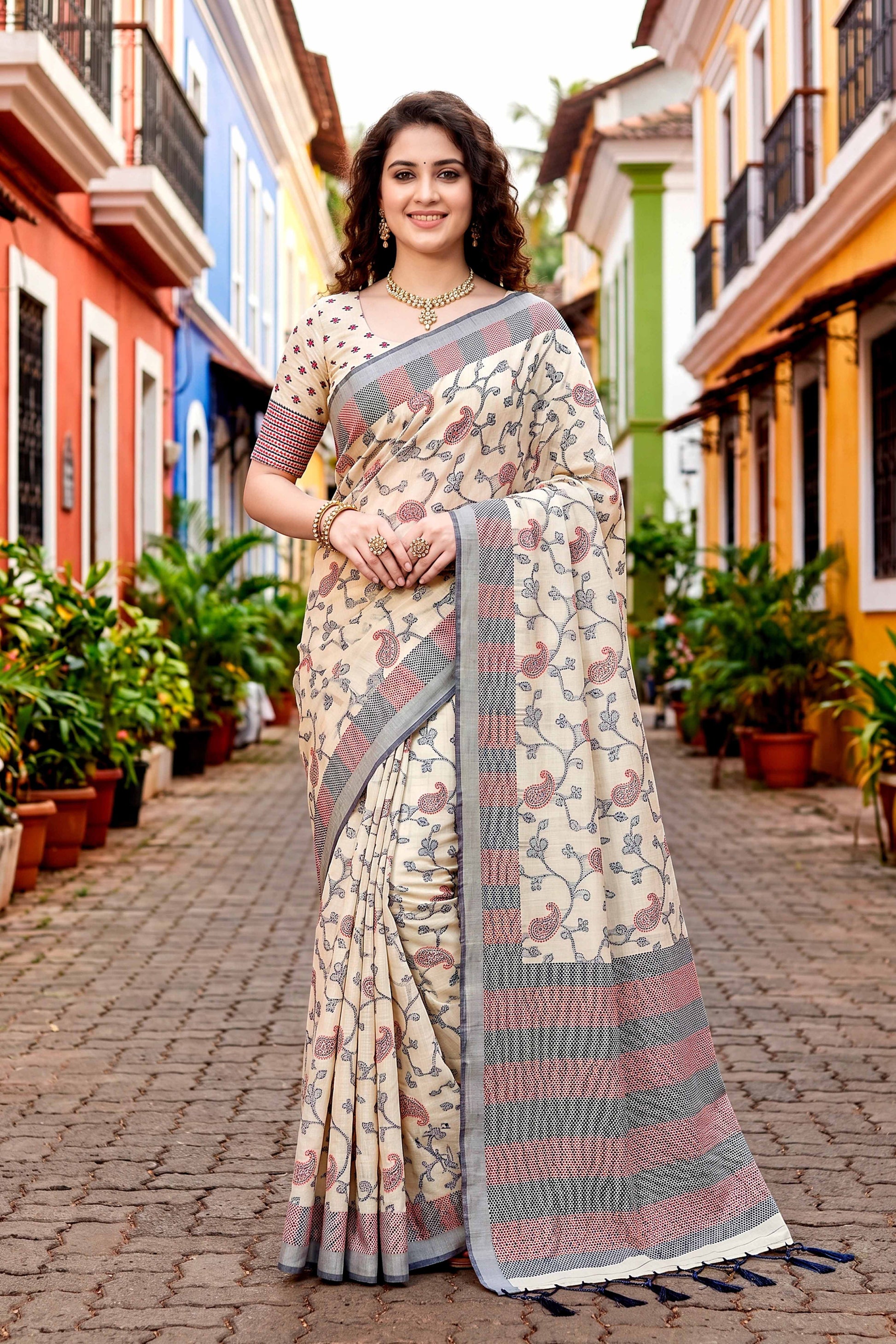 Sangam Prints Red Cotton Blend Woven Work Traditional Saree