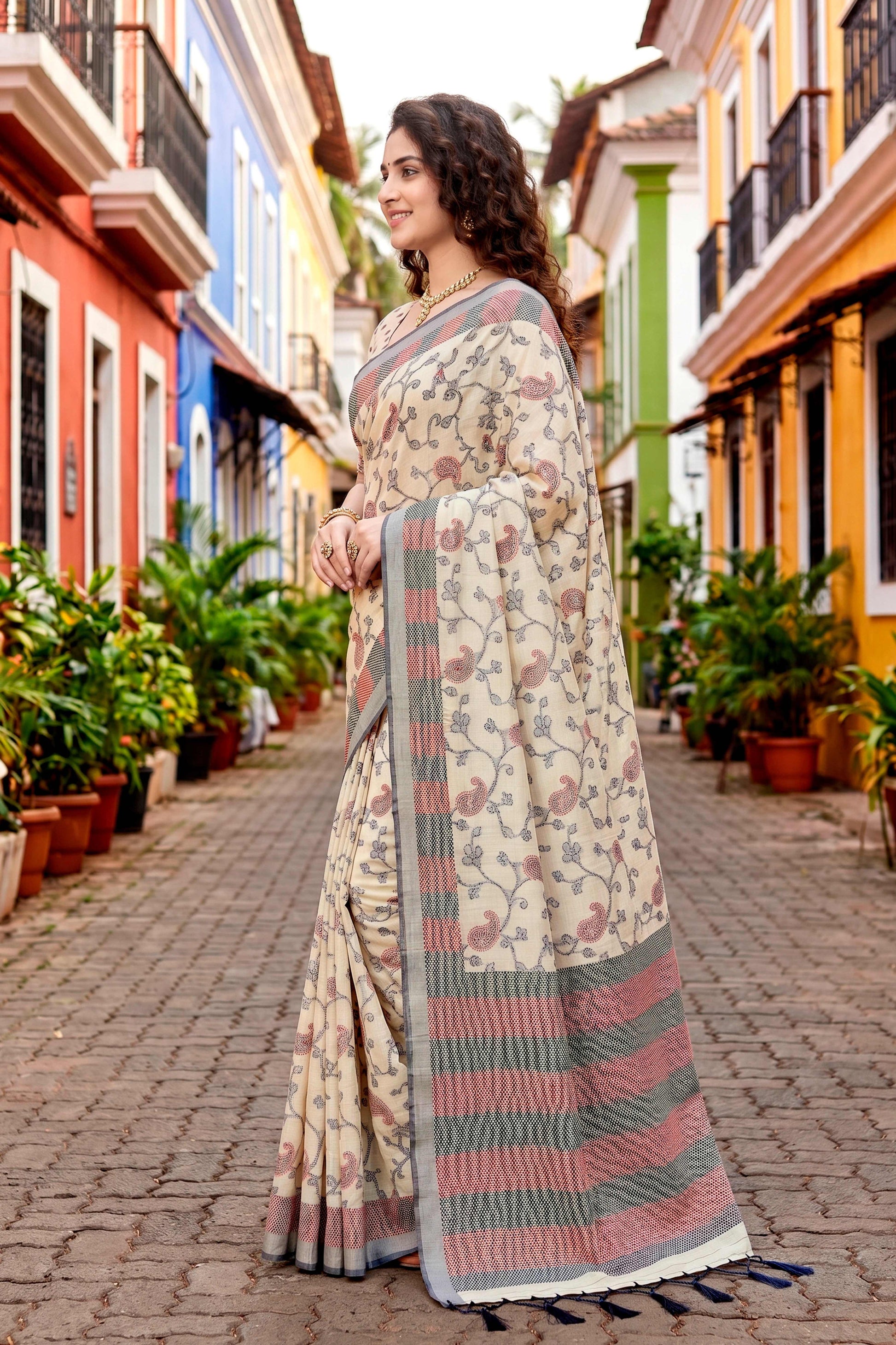Sangam Prints Red Cotton Blend Woven Work Traditional Saree